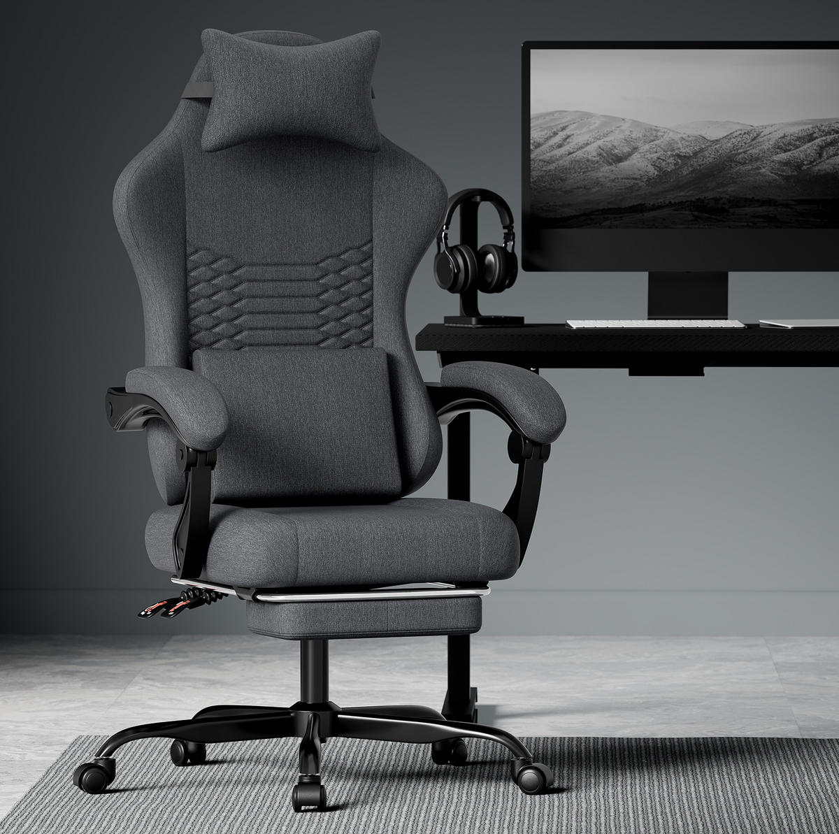 GAMING-STUHL ergonomisch Stoff Schwarz mit Fußstütze - Schwarz, Kunststoff (63/120.5/58.5cm) - Meubliv