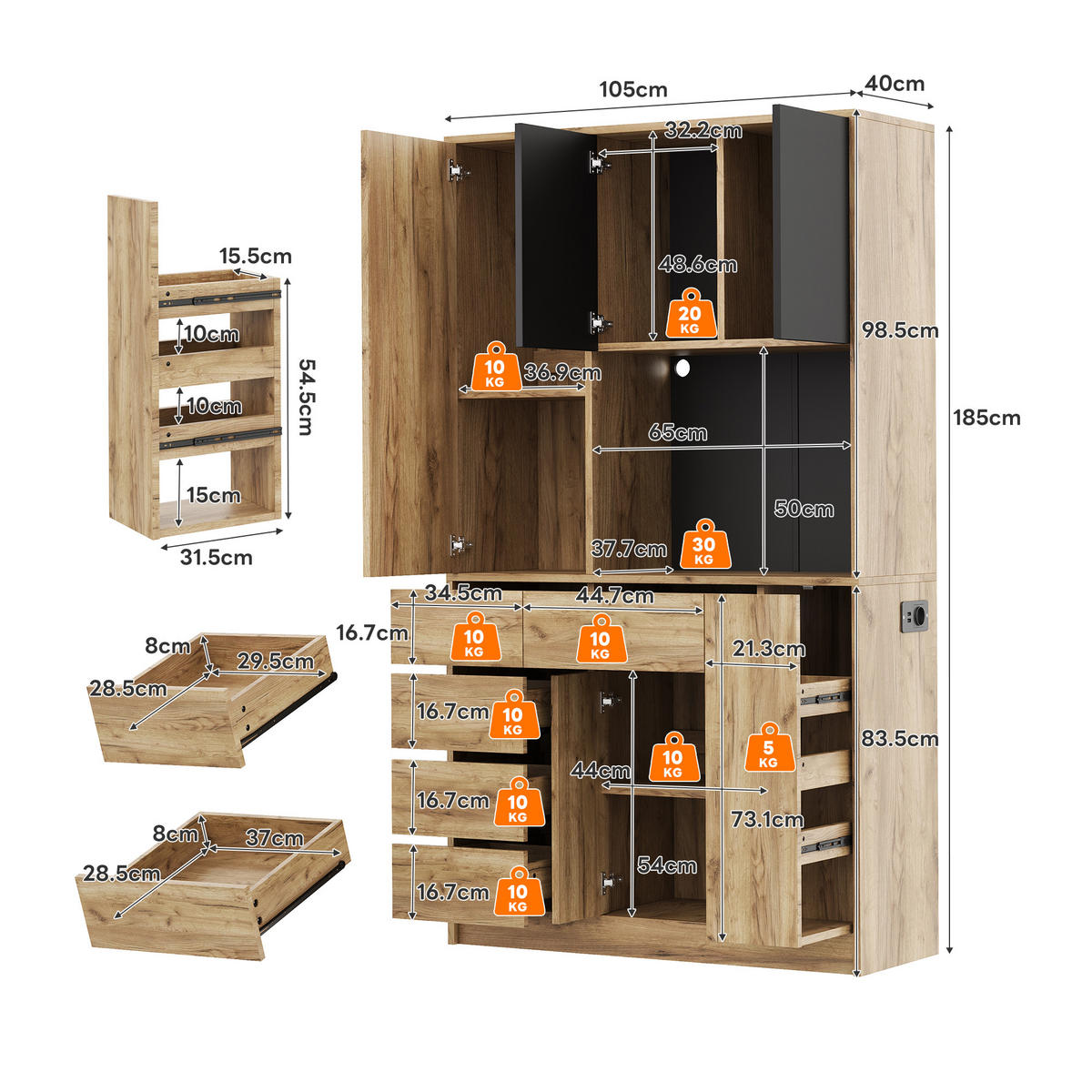 HIGHBOARD DE-38663 185/105/40 cm LED-Beleuchtung und 4-stöckiges Gewürzregal Natur - Naturfarben, Holzwerkstoff (105/185/40cm) - ComfortXL
