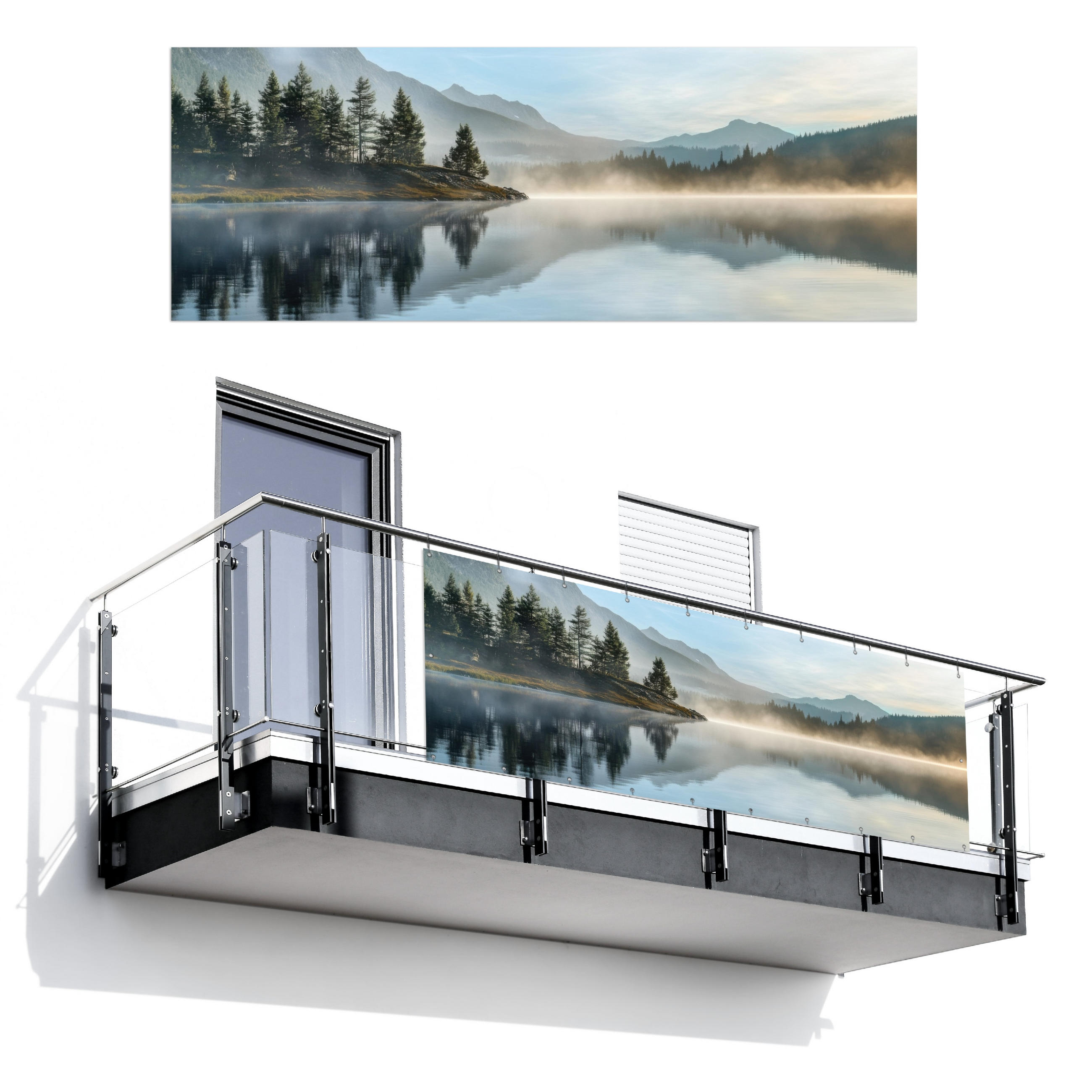 BALKON-SICHTSCHUTZ See - Nebel - Berge - Landschaft - Hellblau, Kunststoff (300/110cm) - MuchoWow