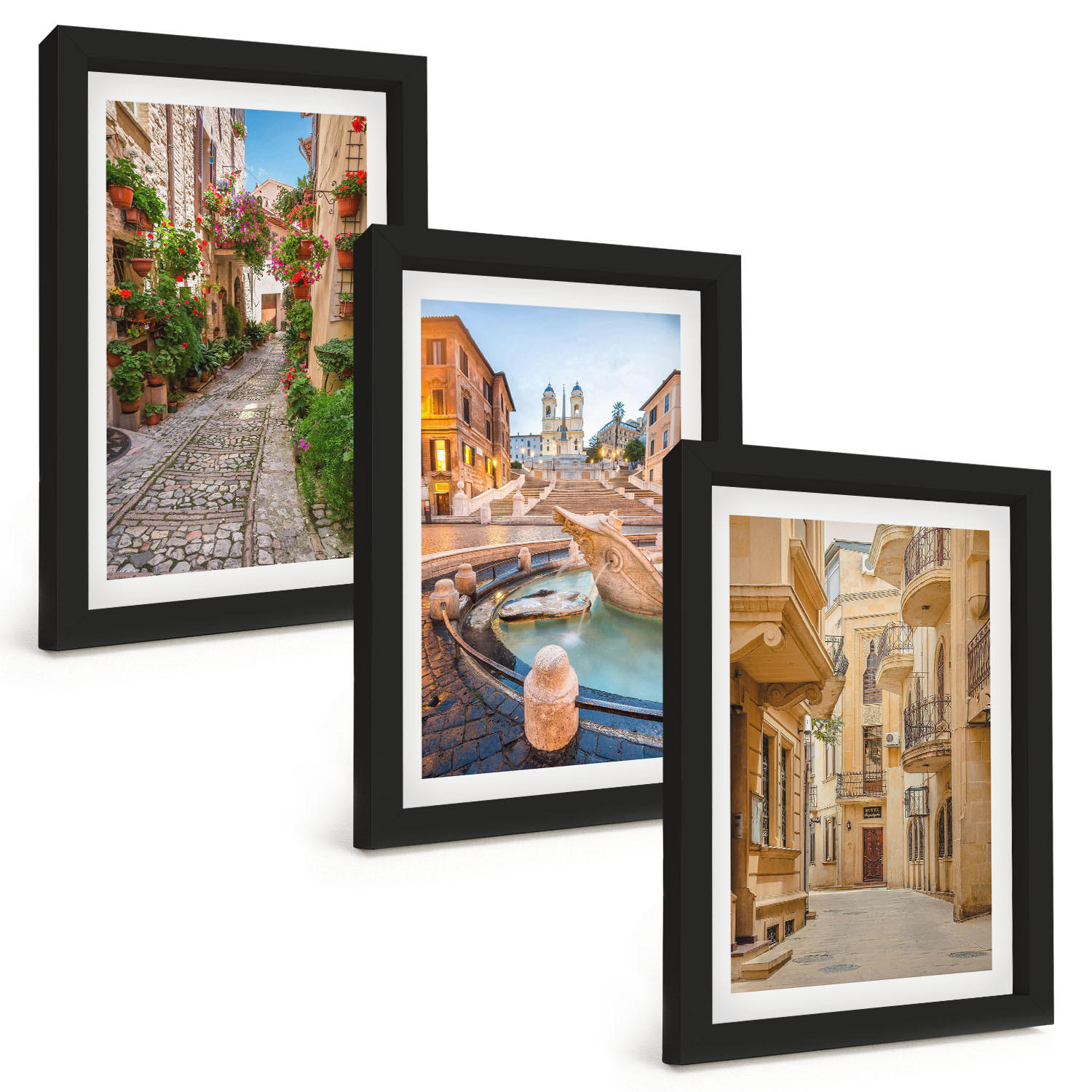 BILDER SET 3er Set - 20x30 cm Schwarzer Rahmen - Die bezaubernden Straßen des Brunnens - Schwarz, Kunststoff (20/30cm) - TULUP