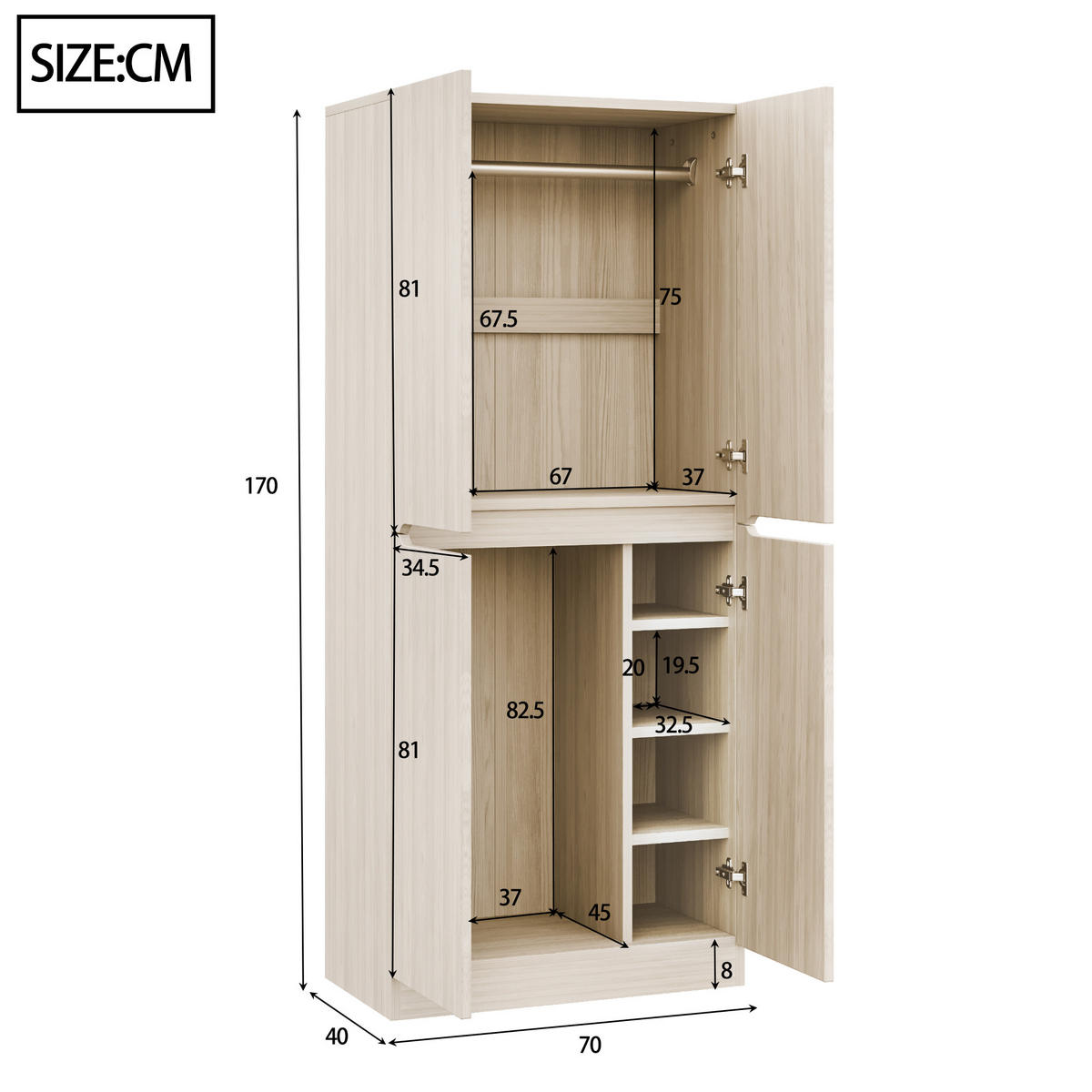 KLEIDERSCHRANK 70/40/170 cm mit 2 Drehtüren in Holzoptik - Naturfarben, Holz (70/170/40cm) - BEAOK