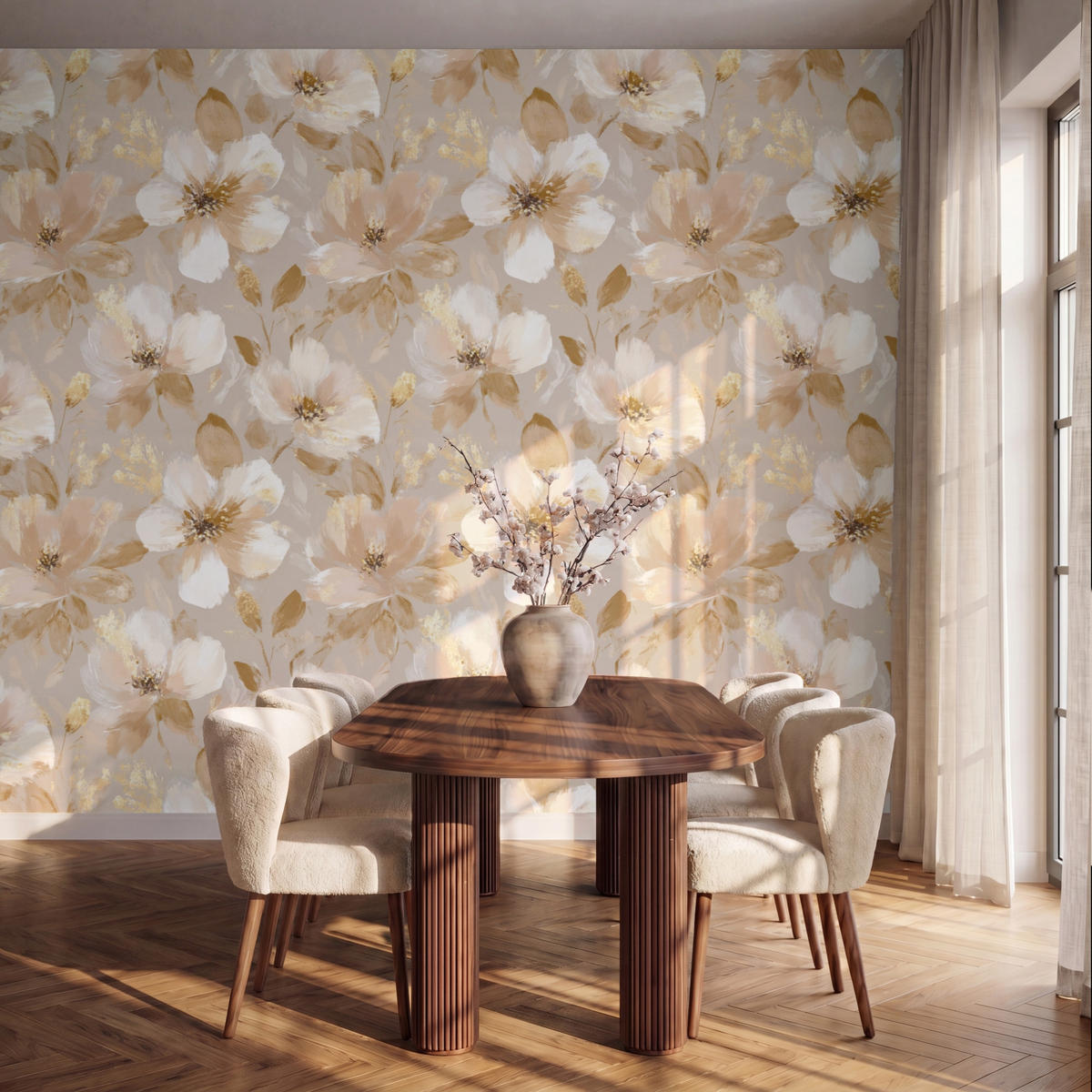 TAPETE - Blumen - künstlerisch - Gold - 350x280 cm - Beige, Papier (350/280cm) - OnlyWow