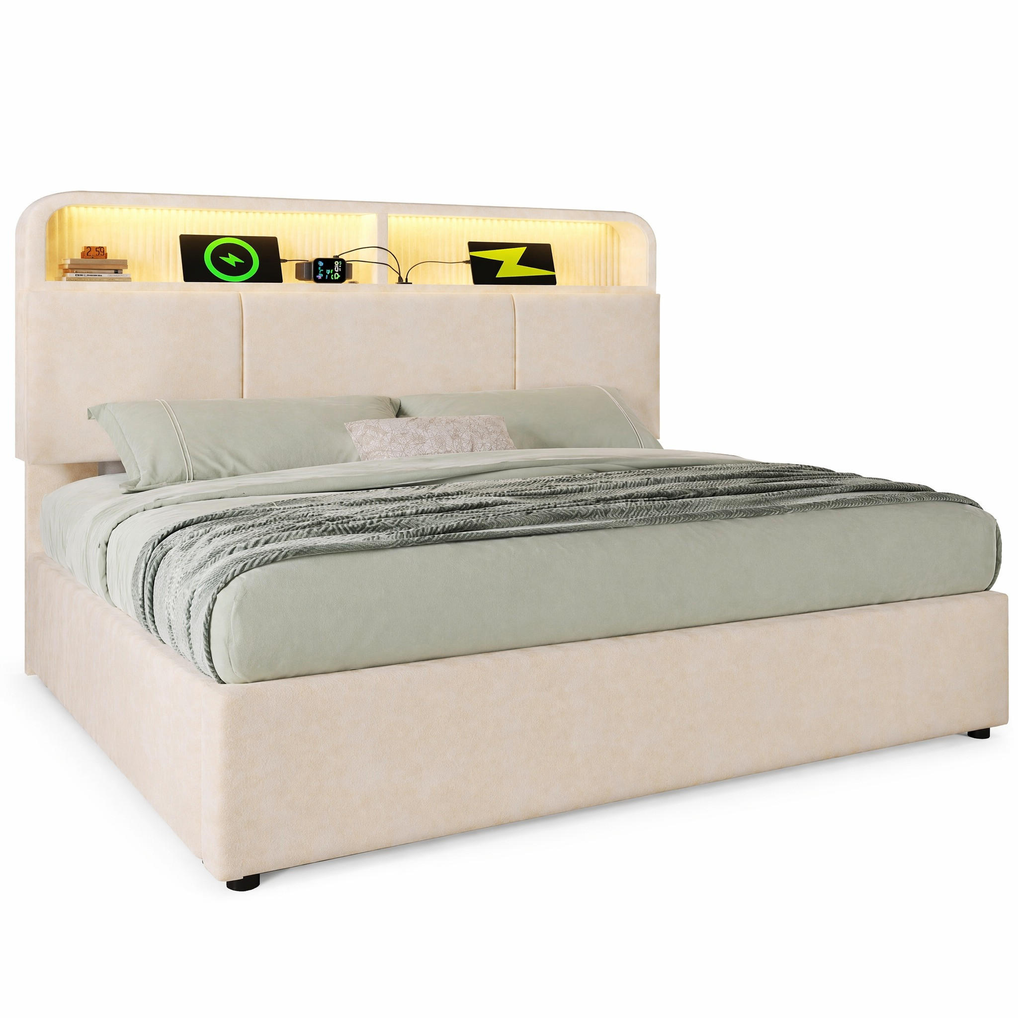 POLSTERBETT 160/200 cm in Beige mit Bettkasten, LED, USB und Type-C Samt mit höhenverstellbarem Kopfteil - Beige, Holzwerkstoff/Textil (160/200cm) - STILVORA