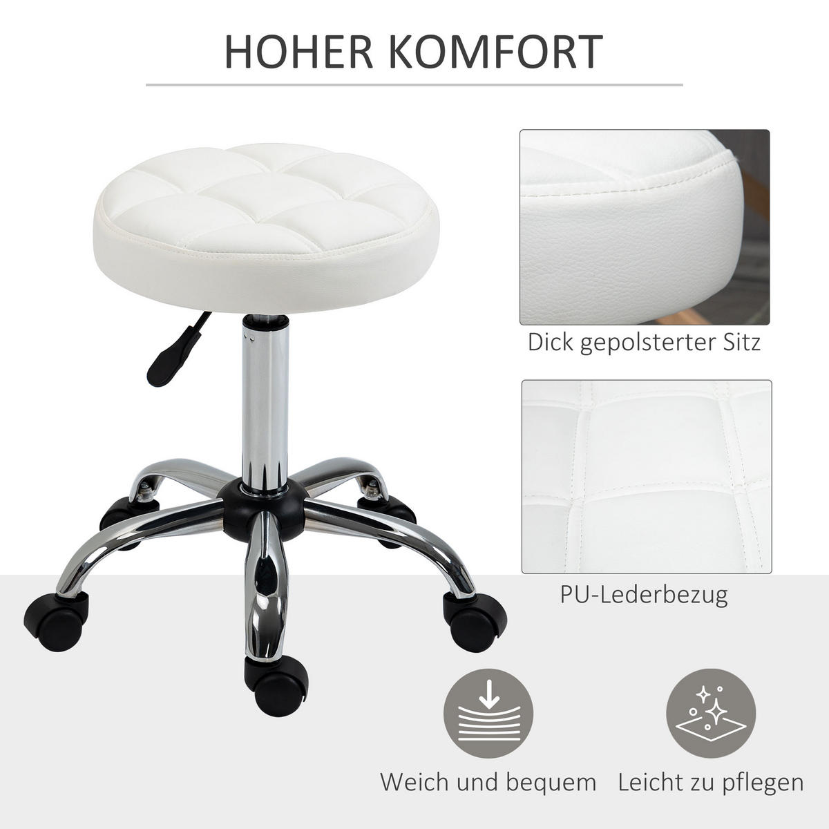 ROLLHOCKER Höhenverstellbarer Arbeitshocker, Drehbarer Salon Hocker für Büro - Weiß, Leder (35.5/67/35.5cm) - HOMCOM