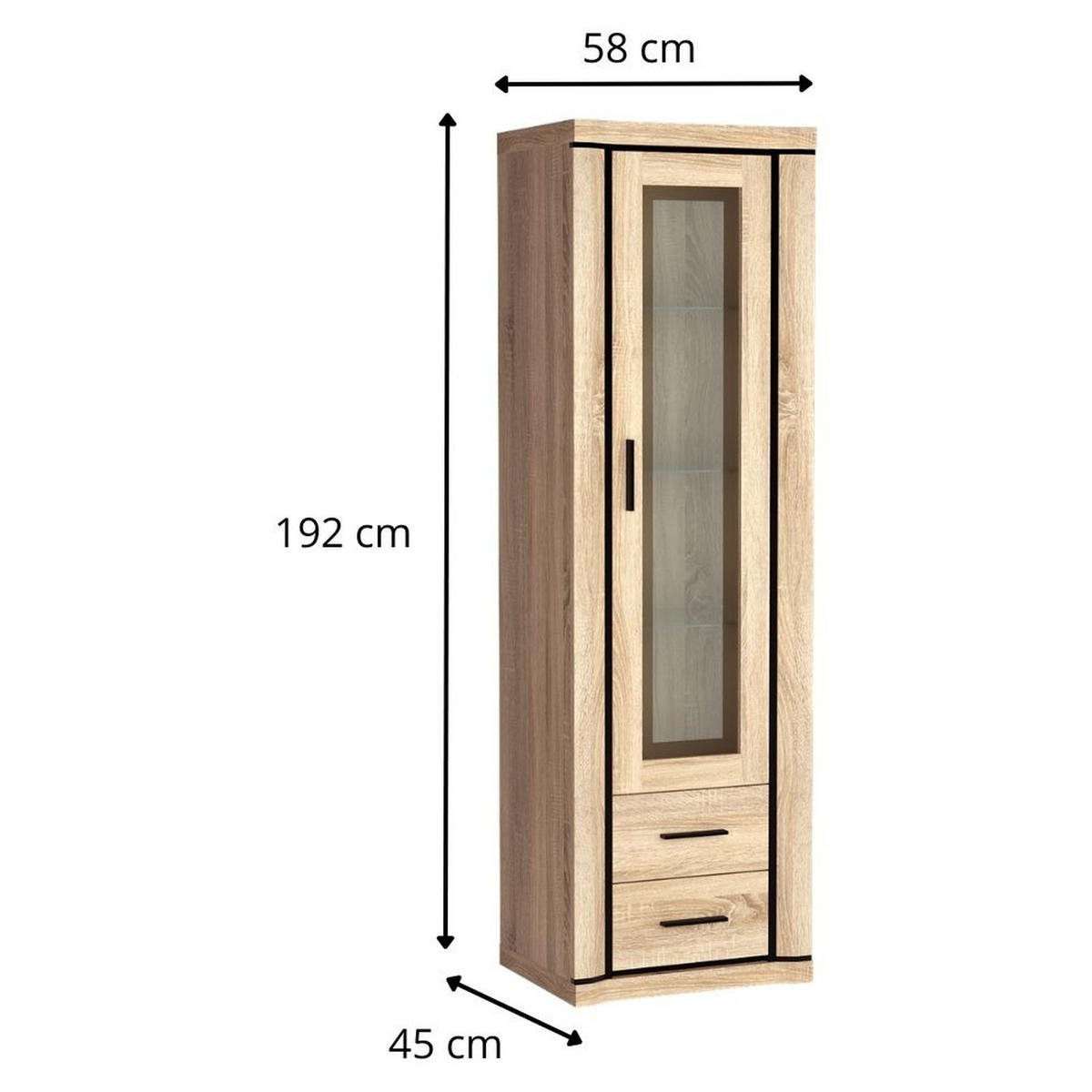 VITRINE Dallas D-16 58 x 192 x 45 cm Eiche Sonoma - Sonoma Eiche, Glas/Holzwerkstoff (58/192/45cm) - Koseto