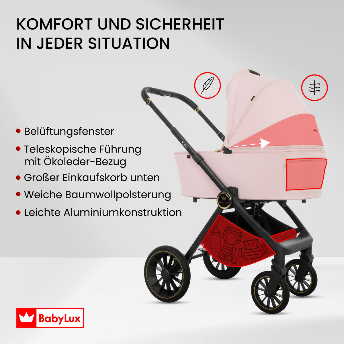 KINDERWAGEN Rosso 4in1 Rosa Babywanne, Reisebuggy, Autositz, Isofix Basis - Schwarz/Rosa, Textil/Metall (58/98cm) - BabyLux
