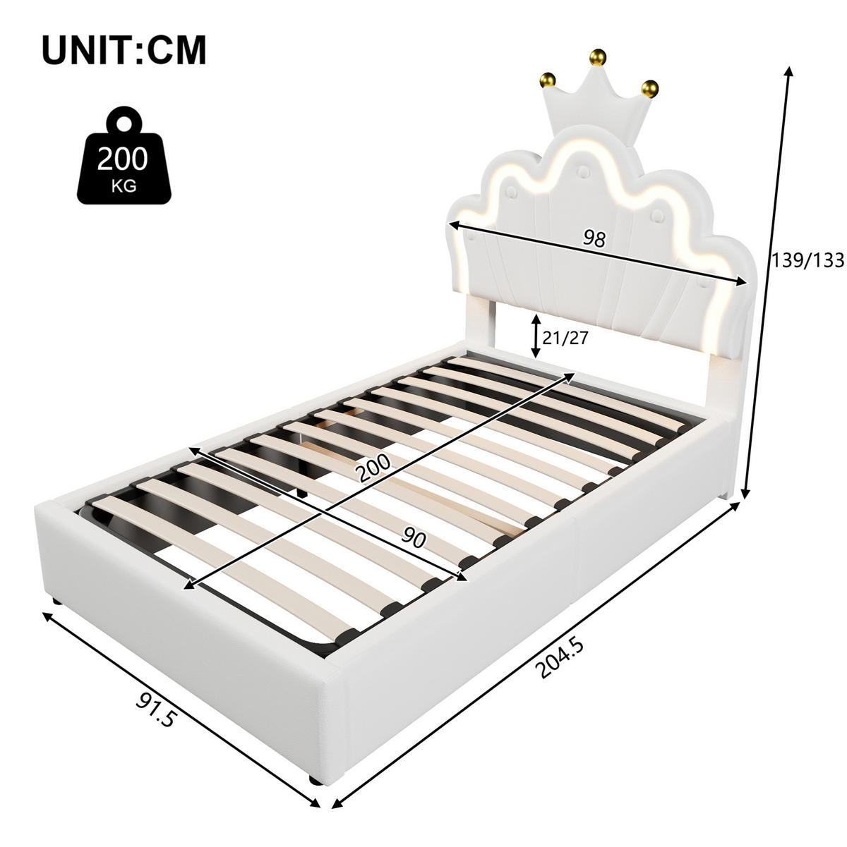 ČALOUNĚNÁ postel 90/200 cm bílá z PU s LED osvětlením a hydraulickým úložným prostorem - bílá, kůže (90/200cm) - OKWISH
