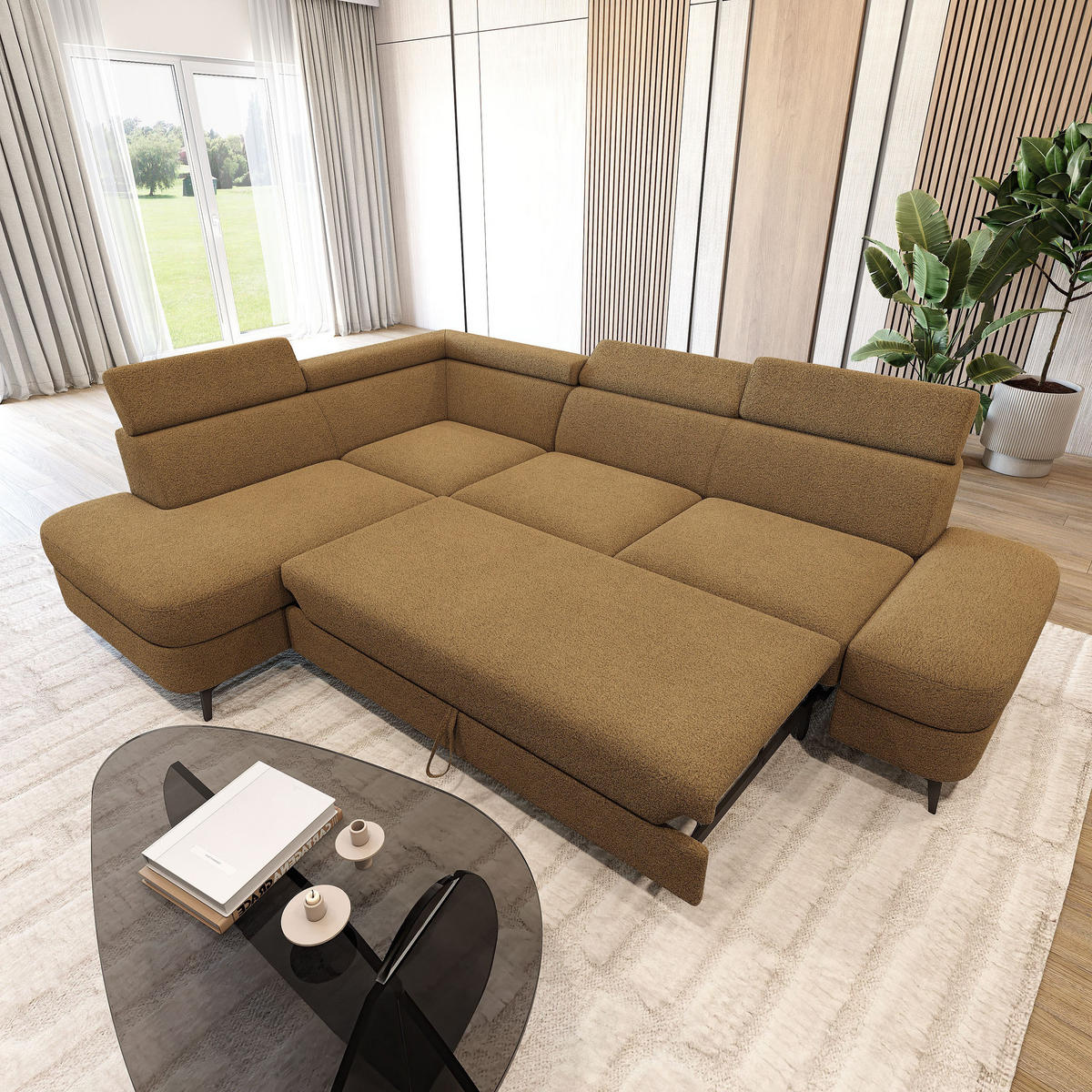 ECKSOFA AVISE Q L-S Orange Boucle-Stoff mit Schlaffunktion - Orange, Holzwerkstoff/Textil (268/195cm) - MASSENO