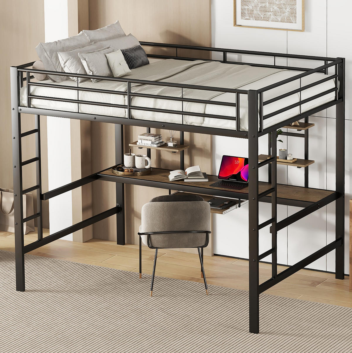 HOCHBETT 140/200 cm Schwarz aus Metall mit Schreibtisch und 2 Regalen - Schwarz, Metall (140/200cm) - OKMYHOME