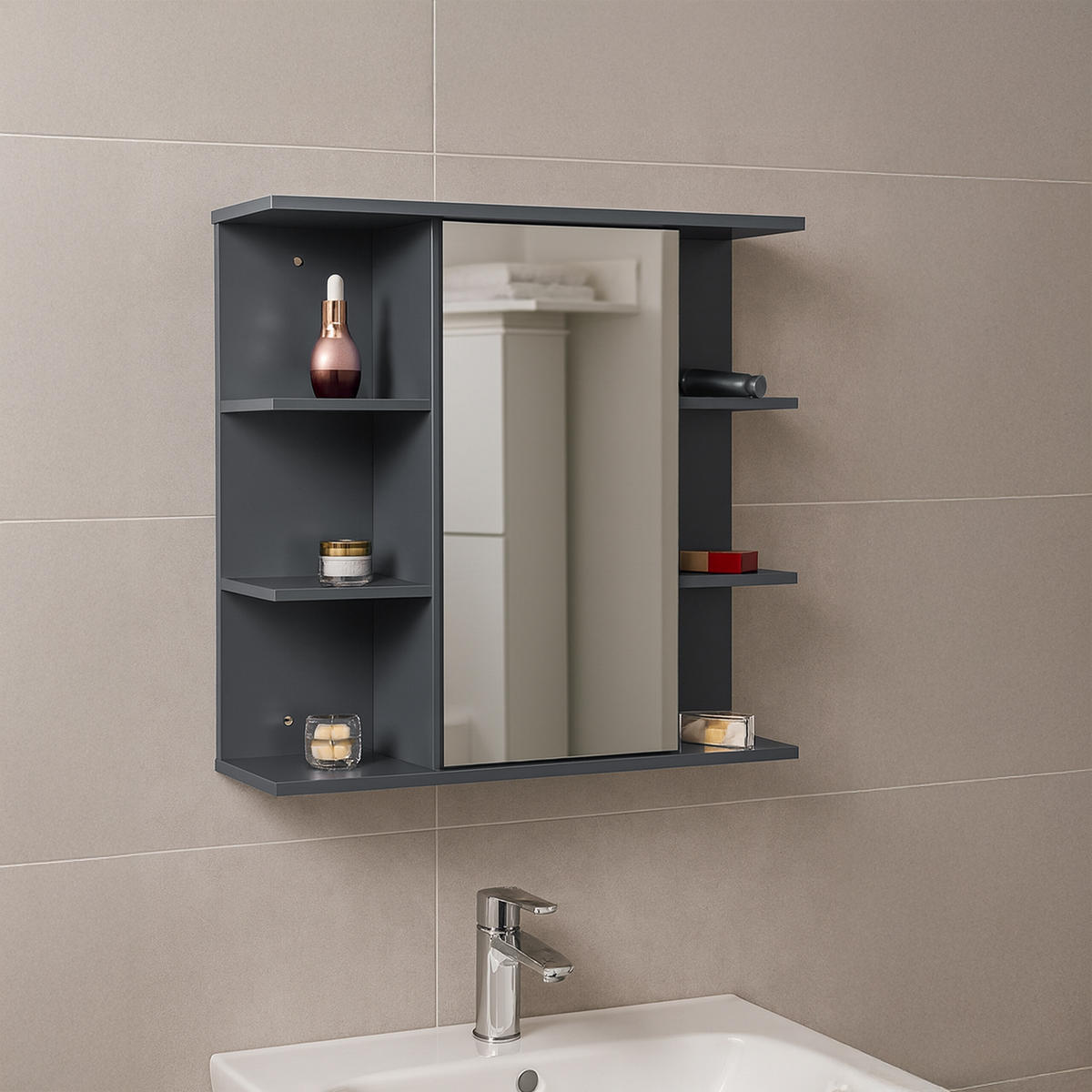 ZRKADLOVÁ skriňa - sivá, kompozitné drevo/sklo (62/64/21cm) - Relaxdays