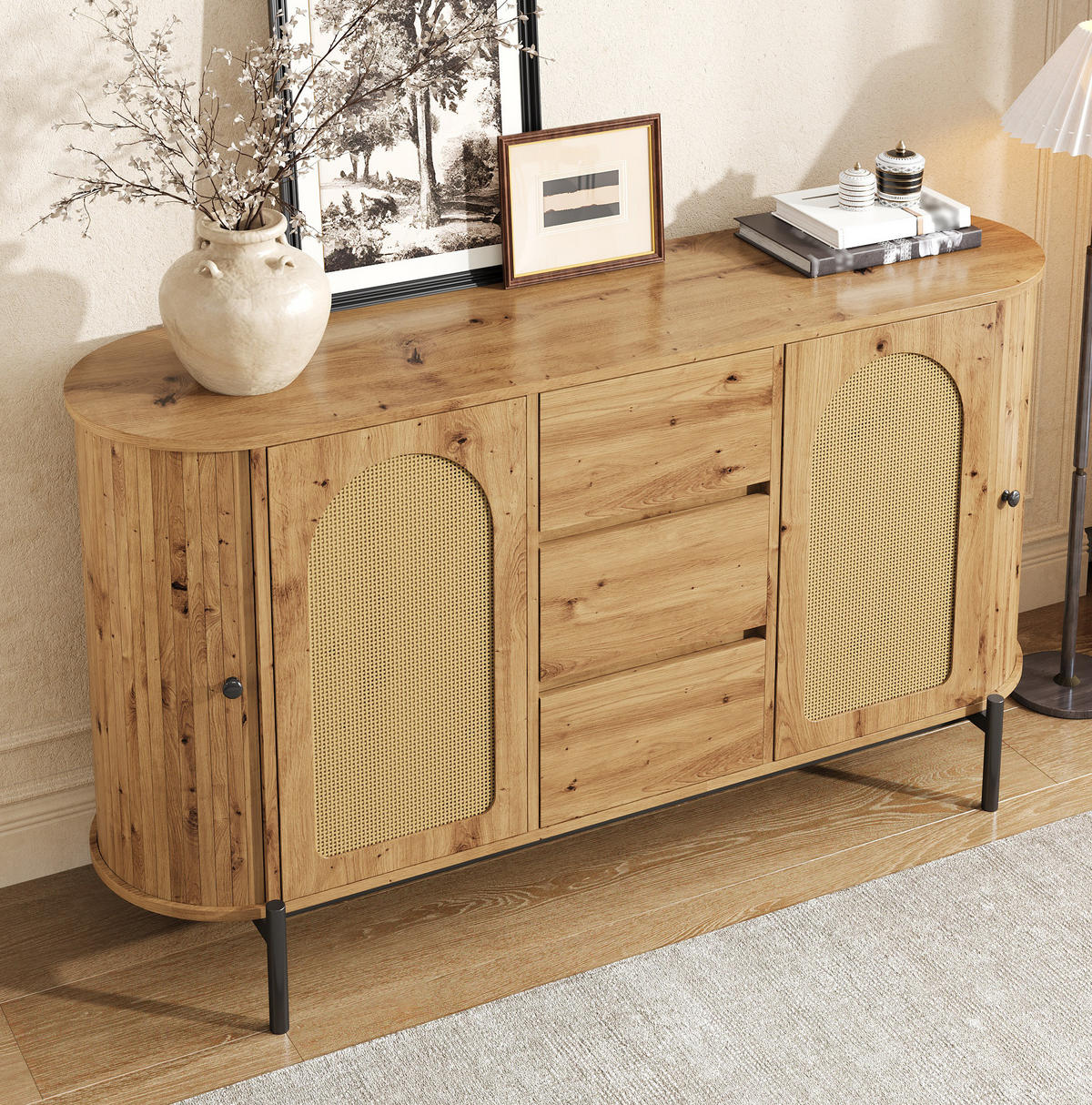 SIDEBOARD 140/38/77,5 cm Natur aus MDF mit Rattan-Türen und Schubladen - Naturfarben, Holzwerkstoff (38/77.5/140cm) - OKWISH
