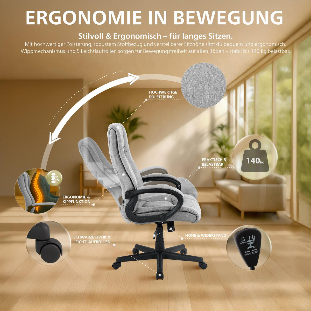 DREHSTUHL Stoff Grau - Schwarz/Grau, Kunststoff/Textil (66/106/70cm) - CLP