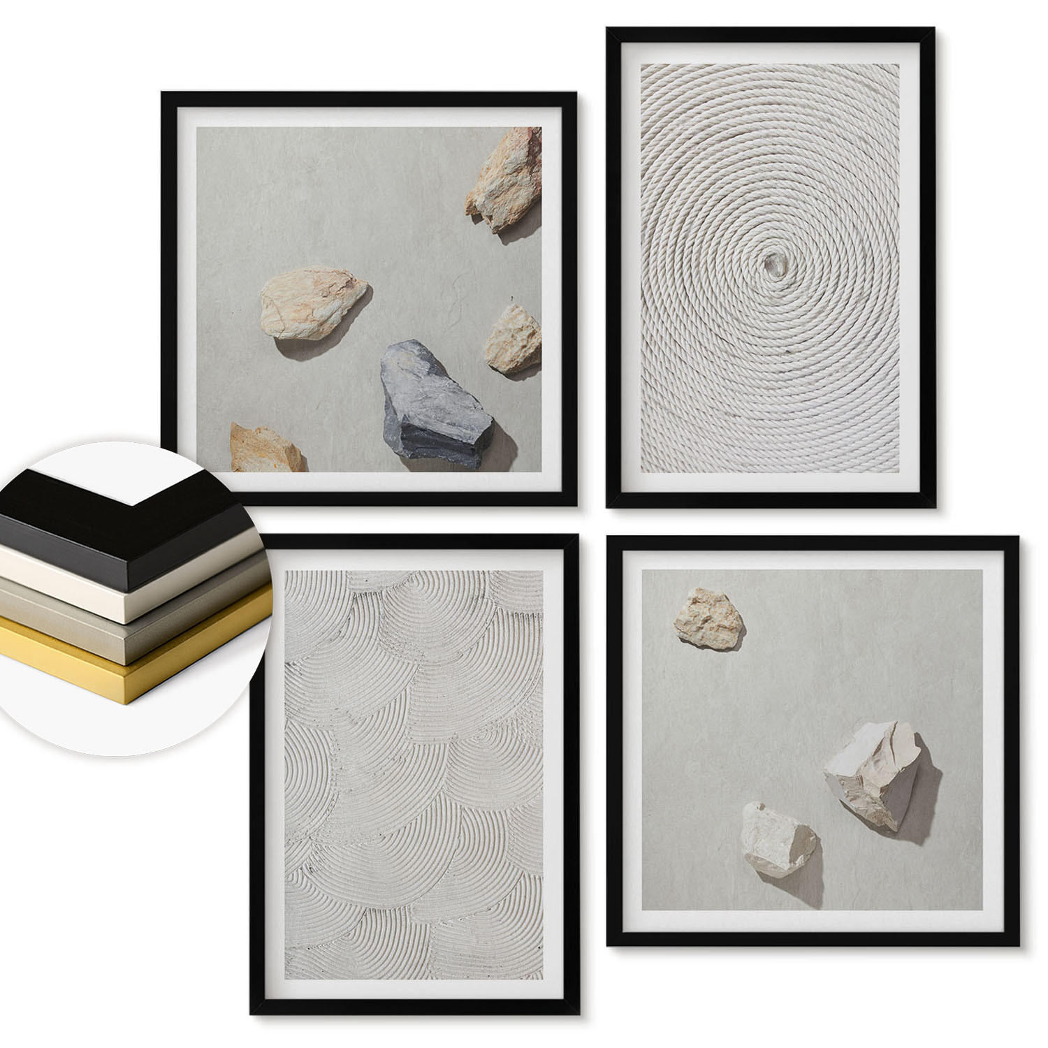 WANDBILDER 4er-Set - 50x50 cm & 40x60 cm Schwarzer Rahmen - Geometrische Pappsteine - Schwarz, Kunststoff (50/50cm) - ArtPrintCave