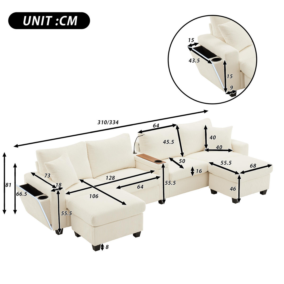 SOFA, U-Form, 2 Hocker, LED-Beleuchtung, Beige, 334x128.5x81cm - Beige, Textil (128.5/81/334cm) - FLIEKS