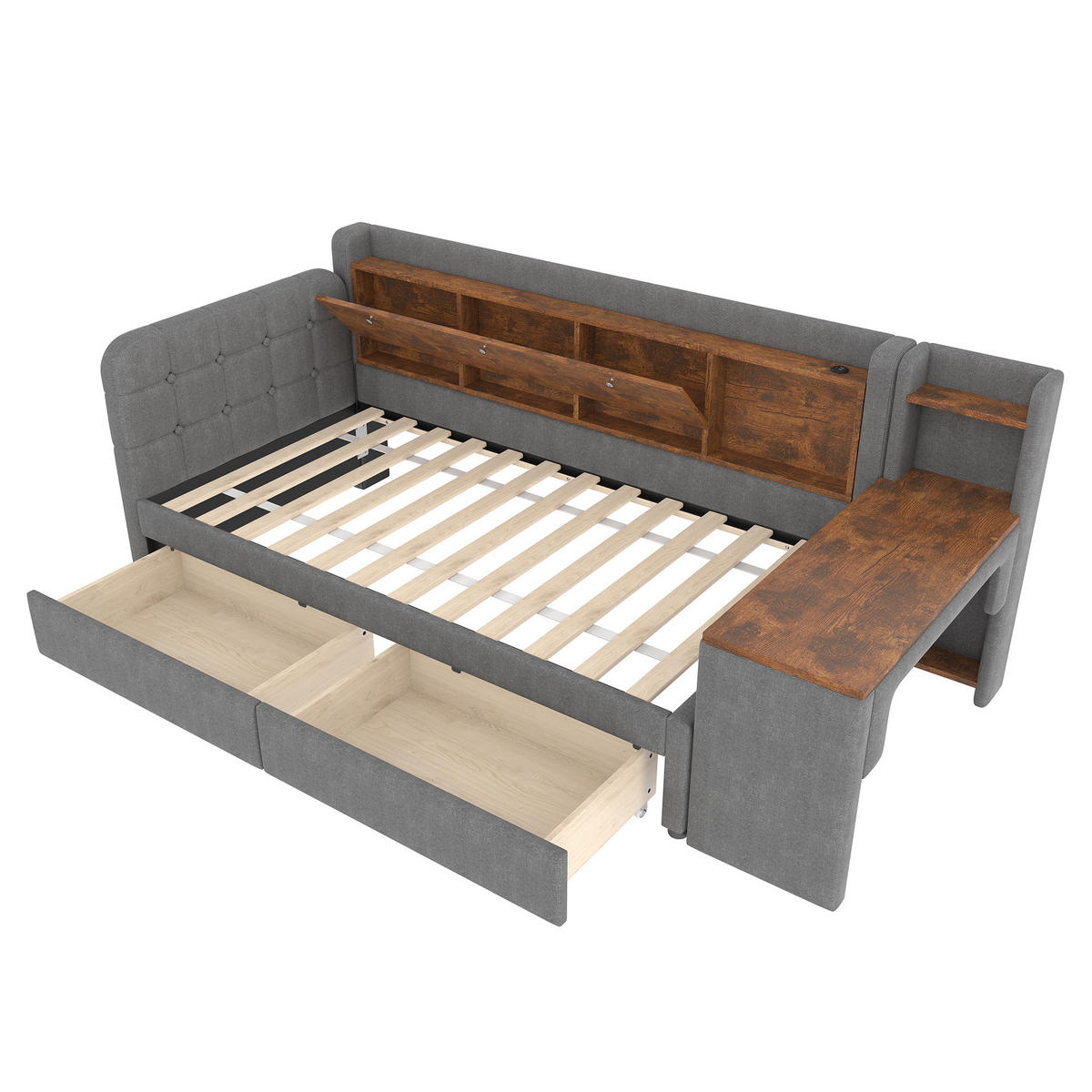 POLSTERBETT aus Leinen & MDF 90x200 cm in Grau mit Schreibtisch & 2 Schubladen - Grau, Textil (90/200cm) - Modfu