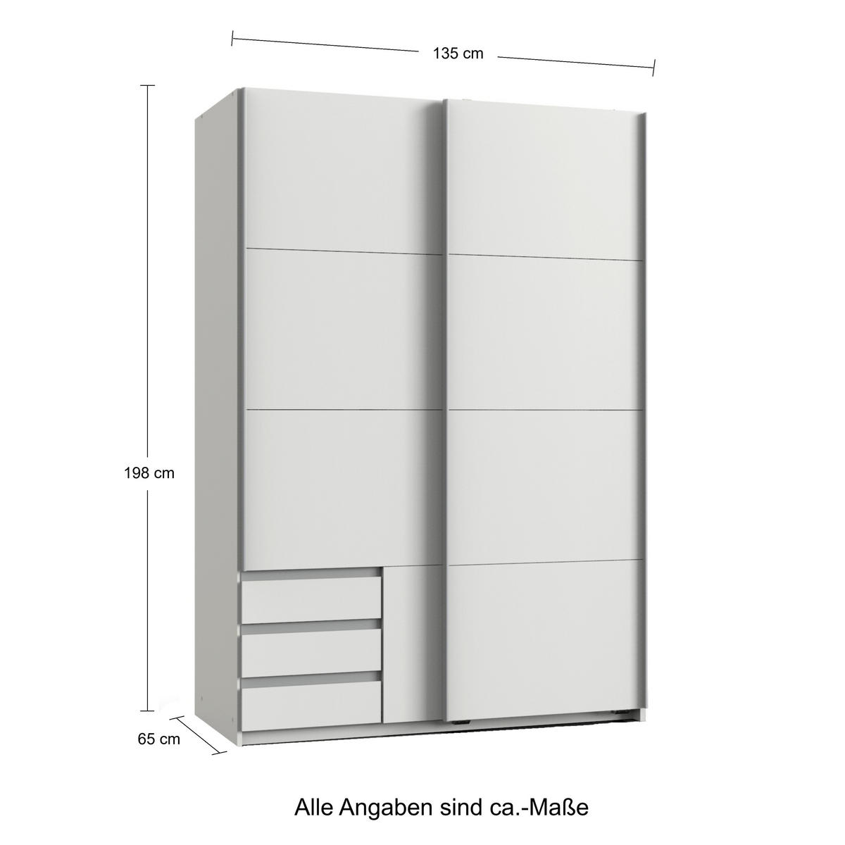 SCHWEBETÜRENSCHRANK 2-türig B135/H198/T65 cm, Kleiderschrank in Weiß, 1x Tür & sichtbare Schubkästen in Grafit / 22661 - Alufarben/Graphitfarben, Holz/Holzwerkstoff (135/198/65cm) - luma-home