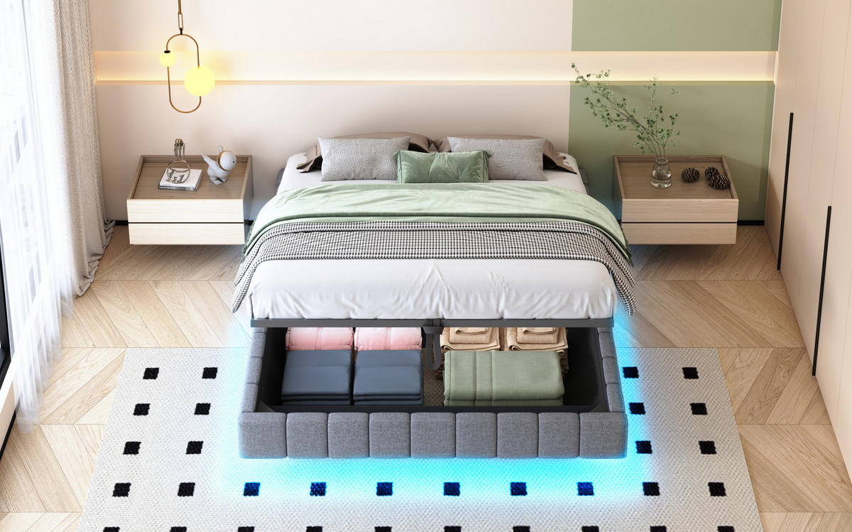 POLSTERBETT 160/200 cm Grau aus Stoff mit LED-Lichtleiste - Grau, Textil (160/200cm) - OKMYHOME