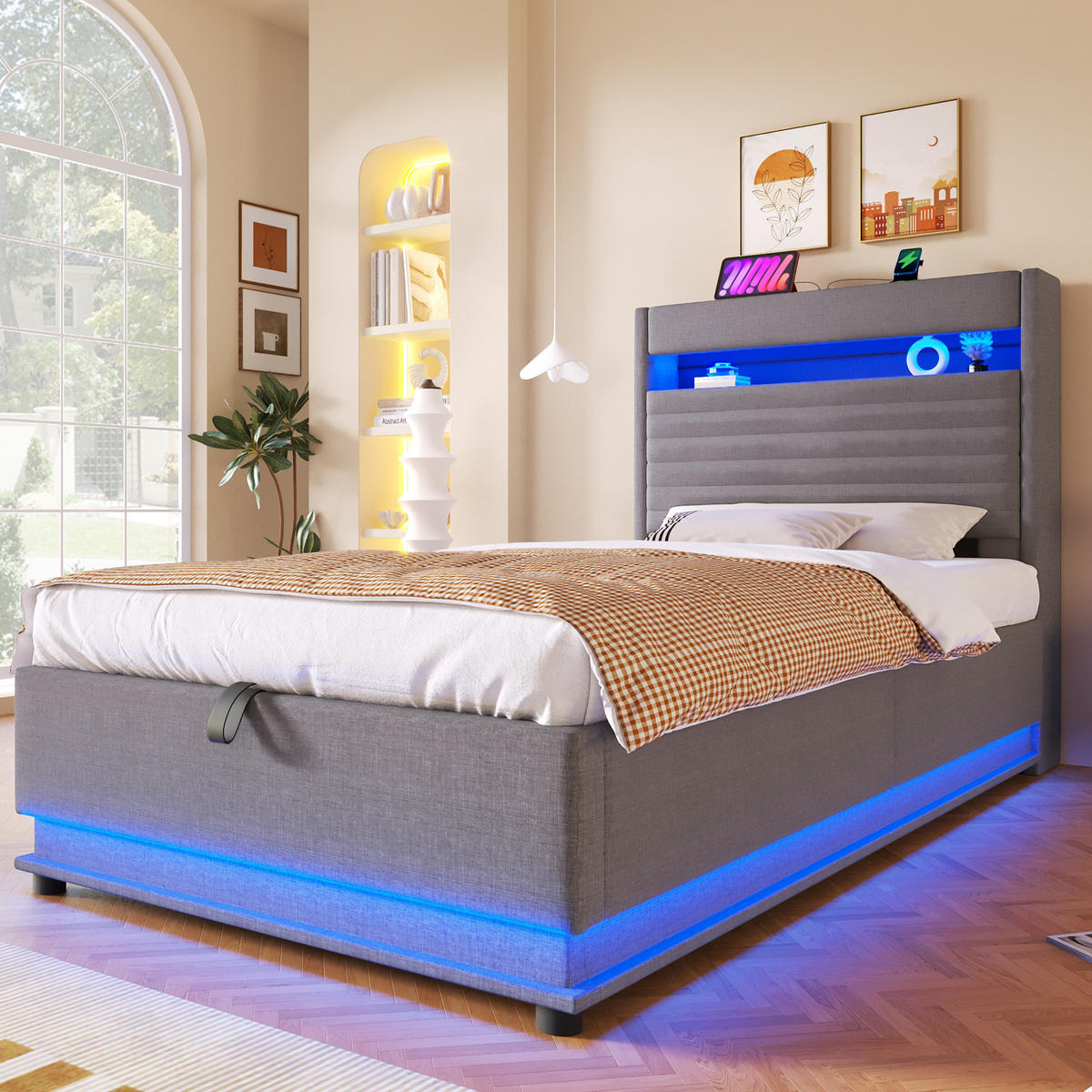 POLSTERBETT 90/200 cm in Grau mit LED, USB-C und Stauraum - Grau, Holzwerkstoff/Textil (90/200cm) - WISHDOR