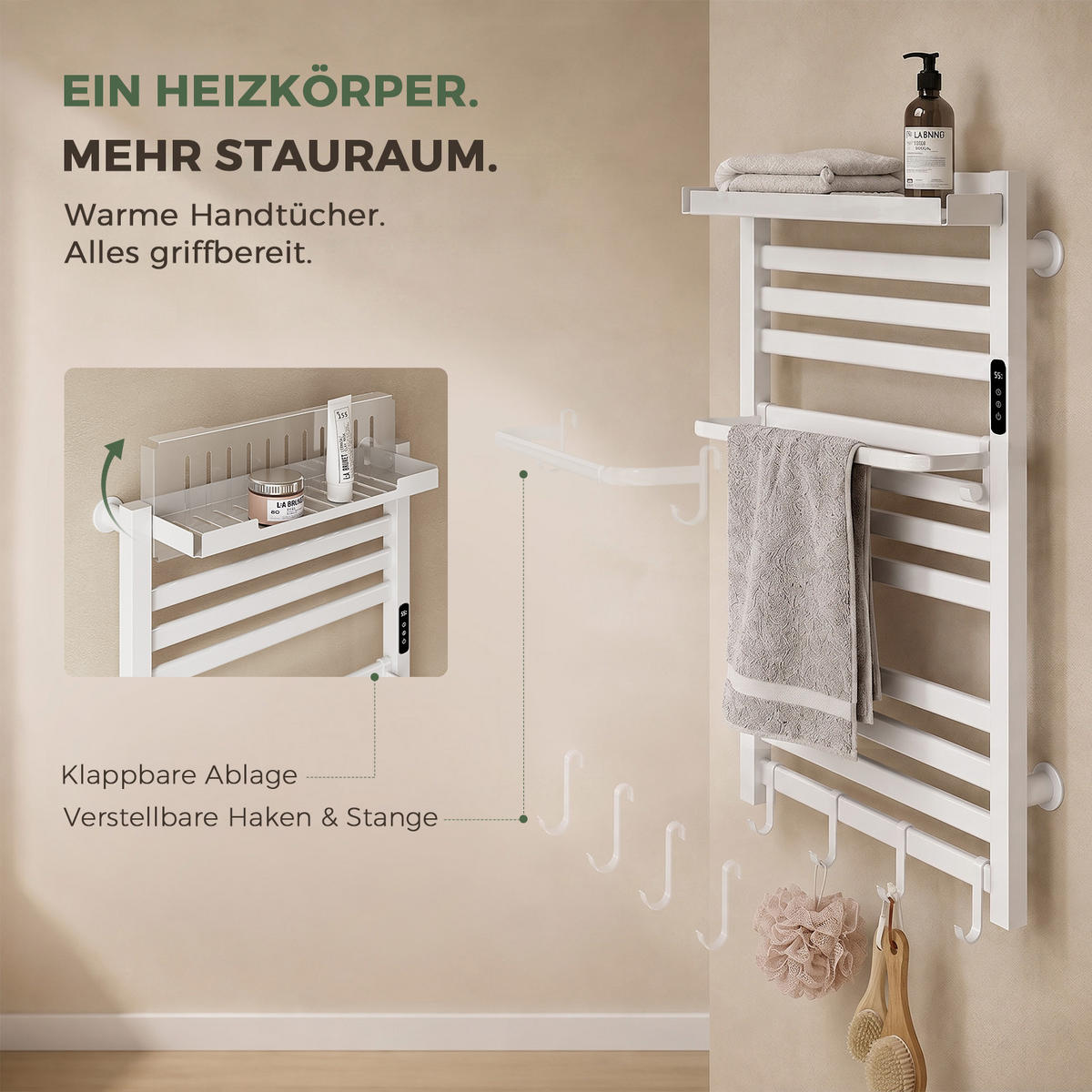 HANDTUCHHEIZKÖRPER 45/60 cm Weiß elektrisch 155 W mit WLAN, Ablage und 6 Haken - Weiß, Metall (60/45/20cm) - S'AFIELINA