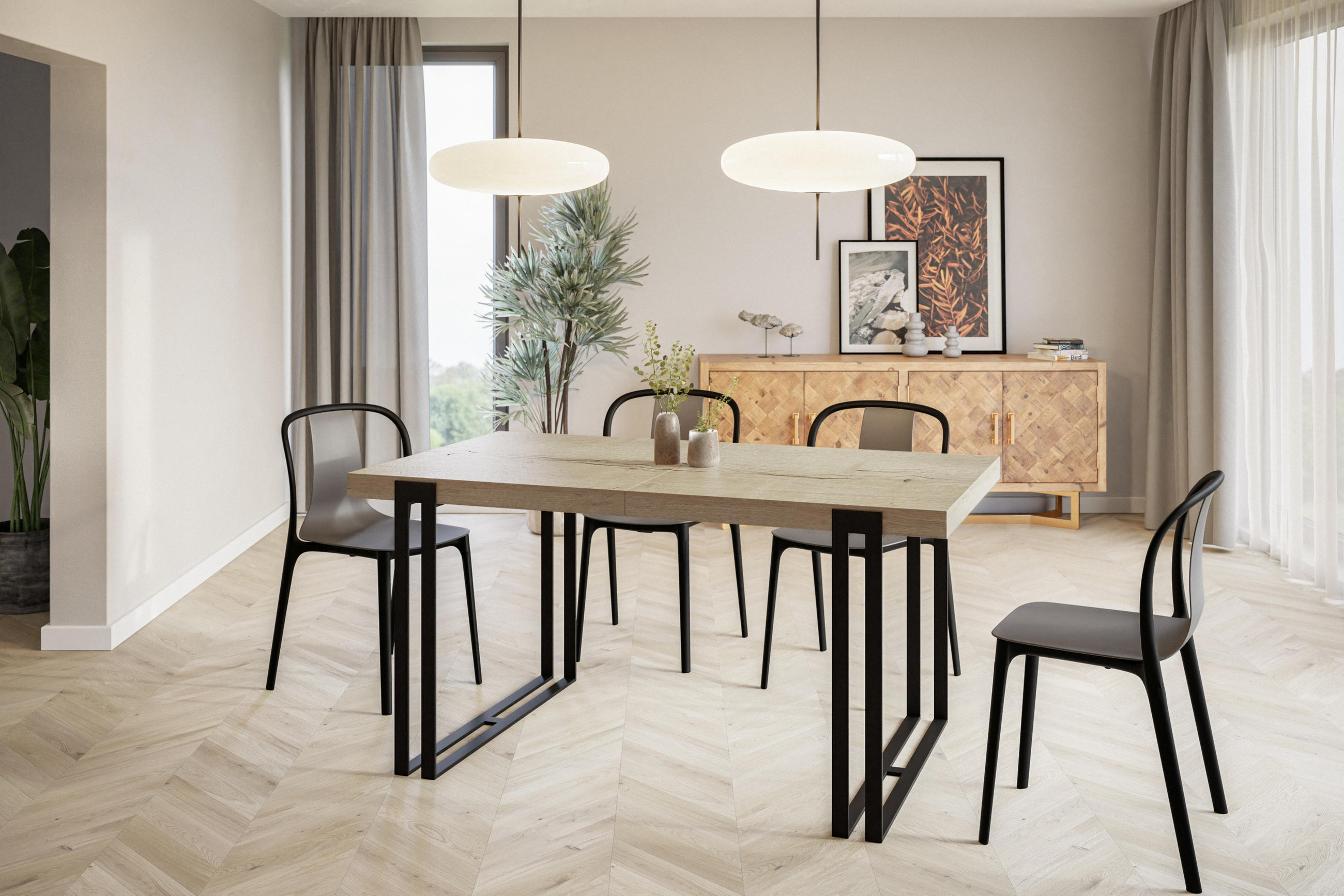 ESSZIMMERTISCH ROSA, ausziehbarer Tisch 120-220X80X77 cm, Farbe: HALIFAX, mit Metallbeinen in Farbe Schwarz - Schwarz/Naturfarben, Holzwerkstoff (120/80/77cm) - Alpi-Möbel