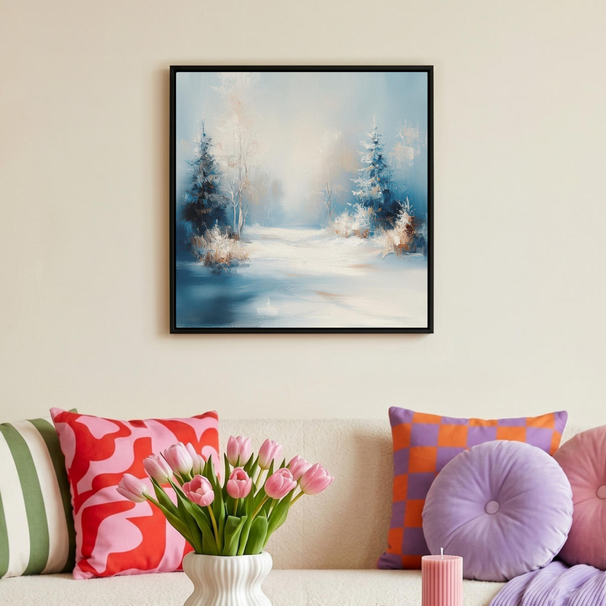 LEINWAND Bilder mit Rahmen - Wald – Winter – Natur – Abstrakt – Schnee - 50x50 - Weiß, Textil (50/50cm) - MuchoWow
