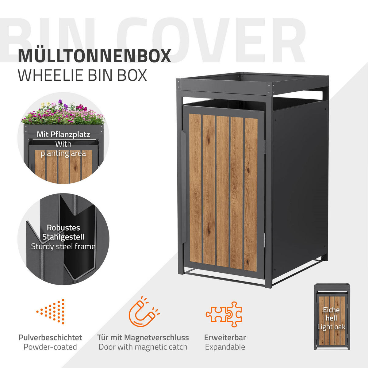 MÜLLTONNENBOX 1er mit Pflanzdach 240L Anthrazit-Eiche hell aus Stahl - Hellbraun, Metall (80/124/68cm) - ML-DESIGN