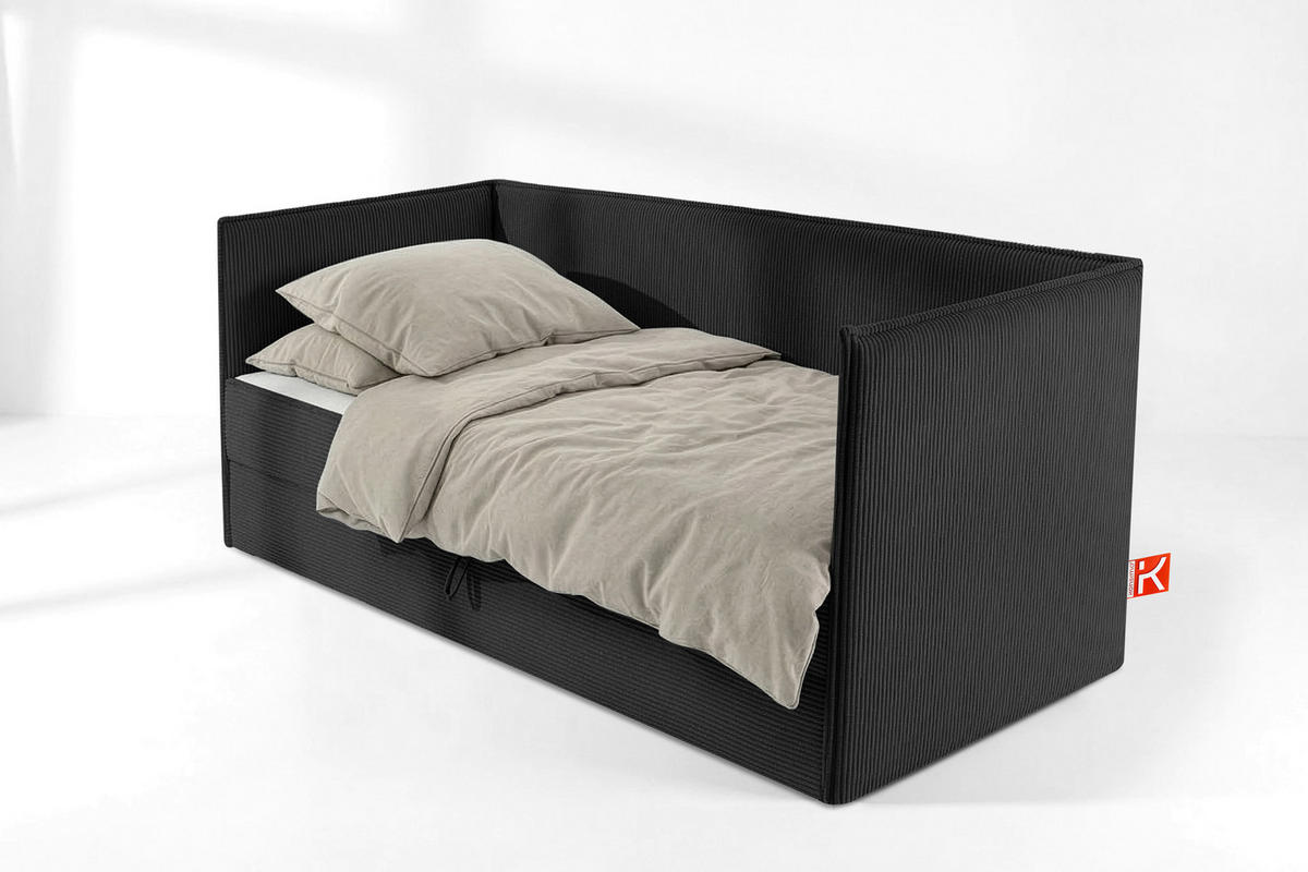 JUGENDBETT ROTI Einzelbett mit Bettkasten, 90x200cm, Bett mit Bonellmatratze, mit Rückenlehne - Dunkelgrau/Schwarz, Holz/Holzwerkstoff (92/200cm) - KONSIMO®