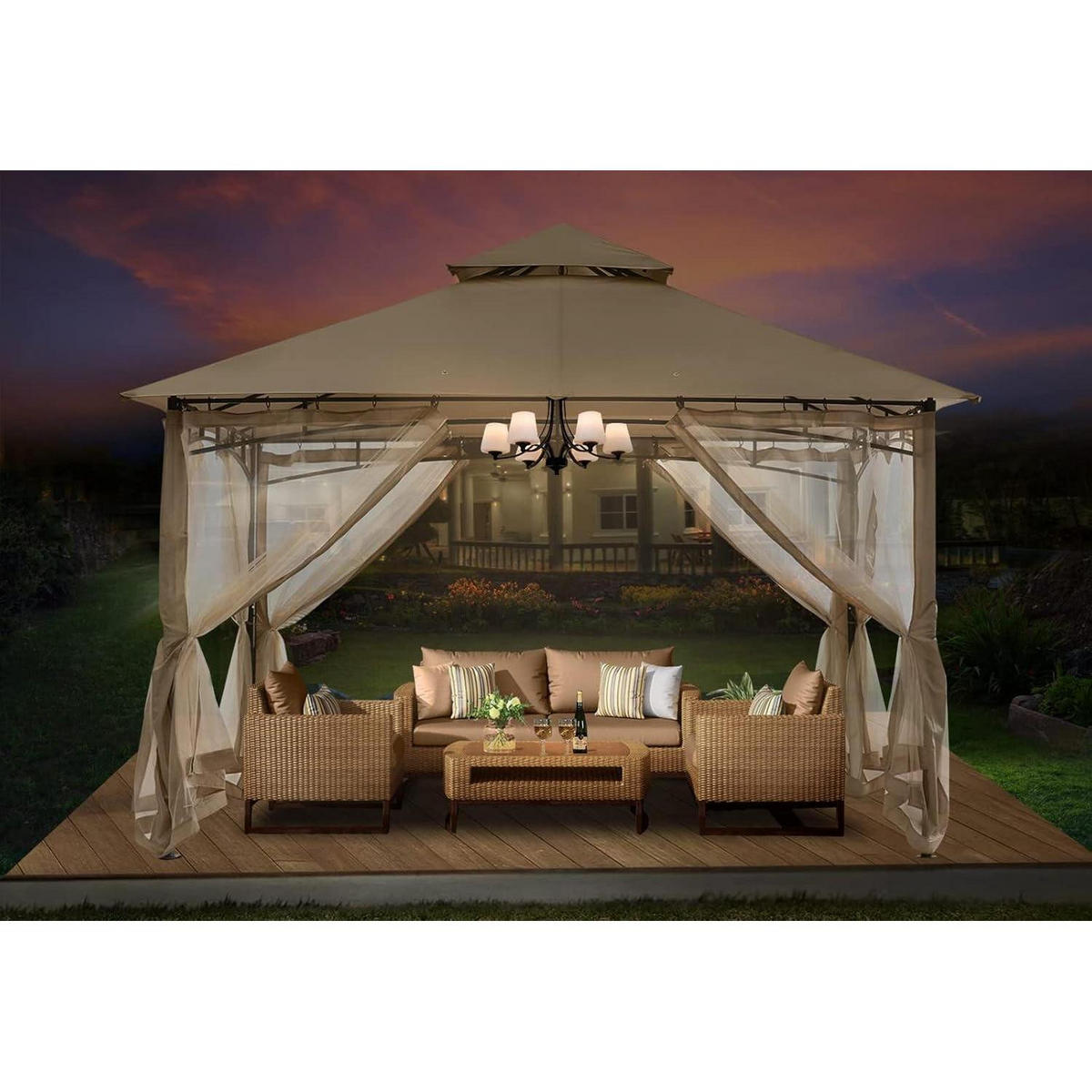 GARTENPAVILLON mit Netz 3.35 x 3.35 m Khaki - Olivgrün, Textil (304.8/280.4/304.8cm)