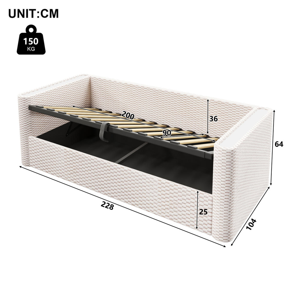 POLSTERBETT 90/200 cm mit LED-Beleuchtung, hydraulischem Stauraum und Lattenrost aus Samt, Beige - Beige, Textil (90/200cm) - Redom