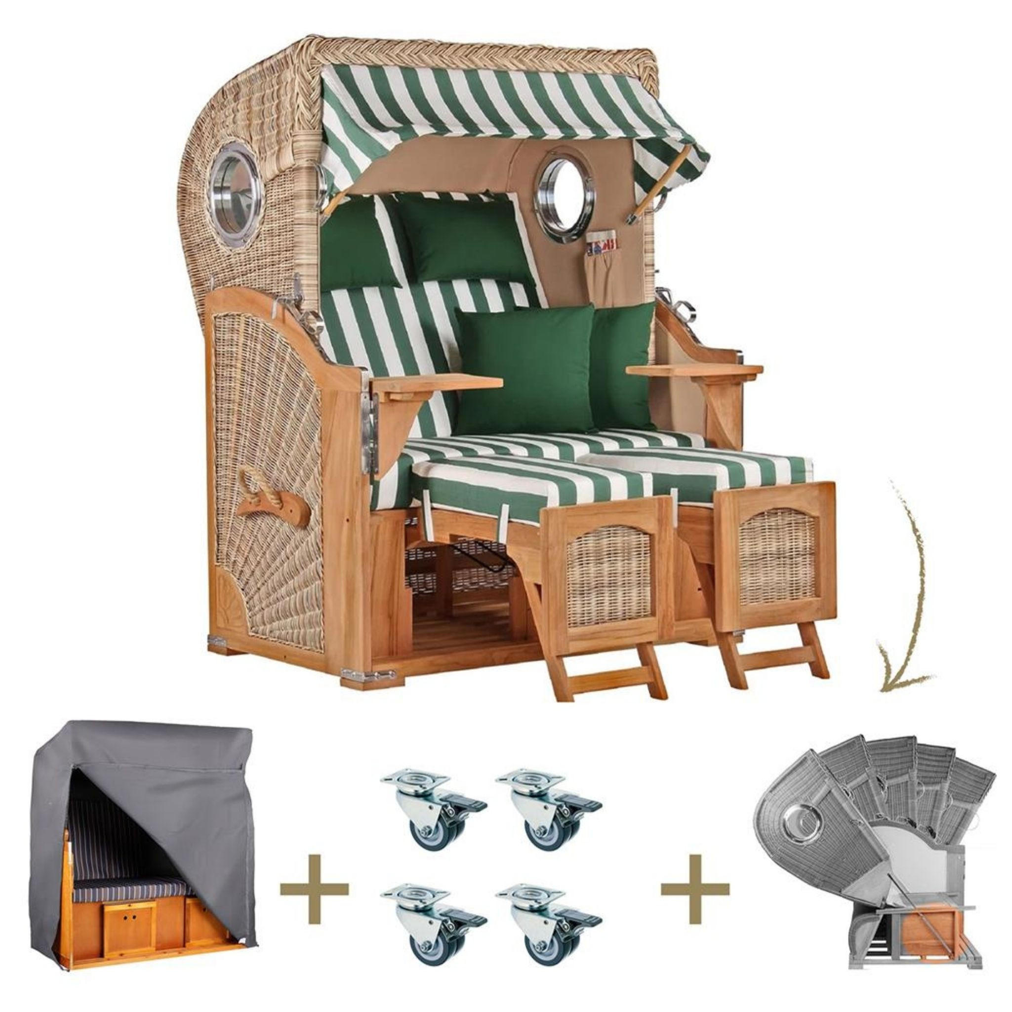 STRANDKORB Düne Komplettset - Braun/Grün, Naturmaterialien/Metall (125/170/80cm) - Mr. Deko