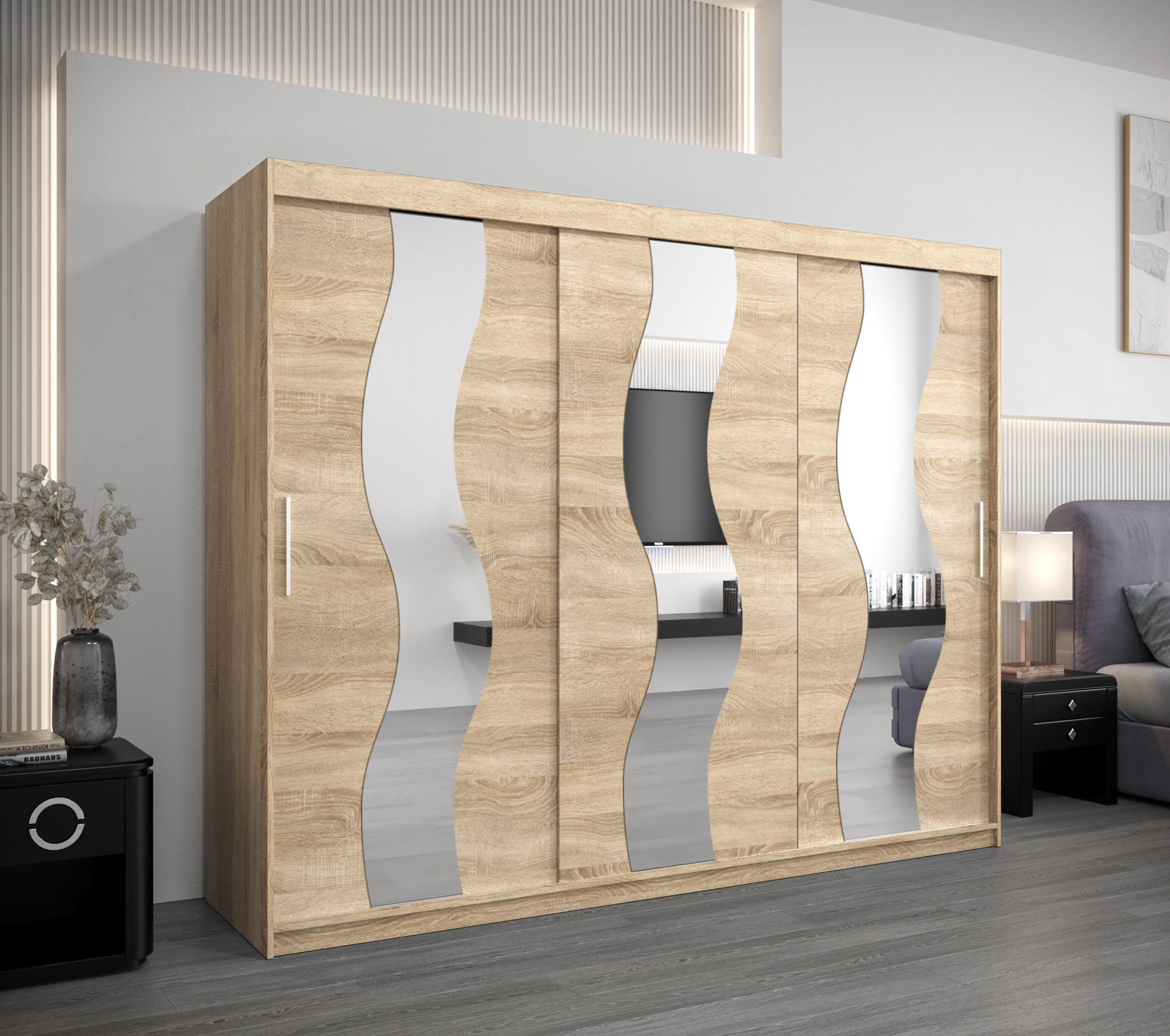 SCHWEBETÜRENSCHRANK 200/250/62 3-türig - Silberfarben/Sonoma Eiche, Holz/Kunststoff (250/200/62cm) - MÖBEL KRYSPOL