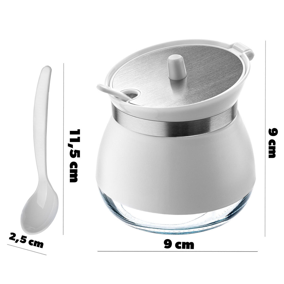 ZUCKERDOSE aus Glas mit Löffel, 270 ml, Weiß - Weiß, Glas (9/9cm) - KADAX