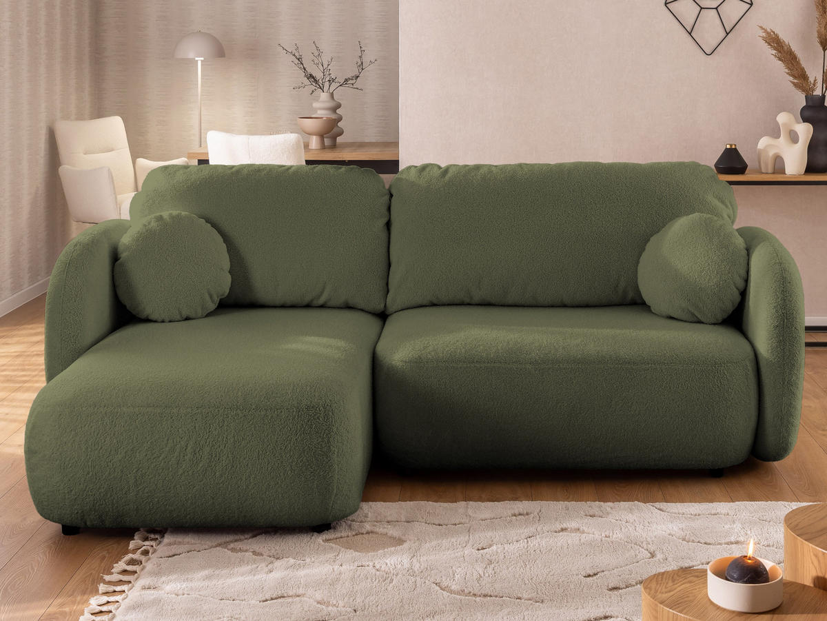 ECKSOFA Candy mit Schlaffunktion Grün Bouclé-Stoff - Ottomane links - Schwarz/Grün, Holz/Kunststoff (230/146cm) - S-Style Möbel