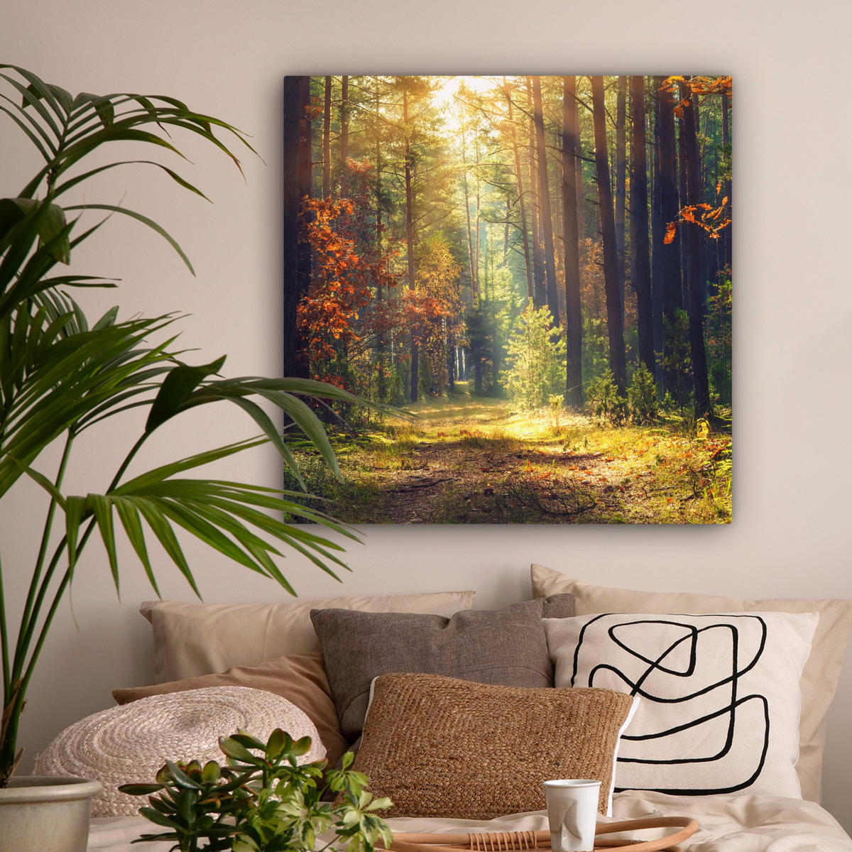 LEINWANDBILD Wald - Herbst - Bäume 90x90 cm - Dunkelgrün, Textil (90/90cm) - MuchoWow