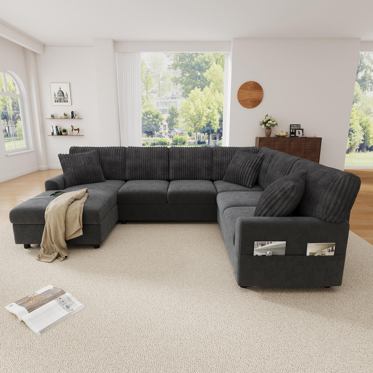 WOHNLANDSCHAFT mit Chaise longue, 3 Kissen, USB/Type-C in Grau - Schwarz, Textil (249/83/196cm) - EVRYAE