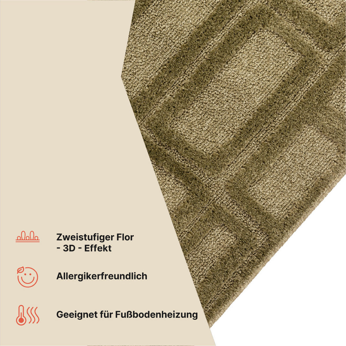 KURZFLORTEPPICH RELIEVO oliv grafisch 3D-Struktur 200/300 cm - Olivgrün, Textil (200/300cm) - Tapiso
