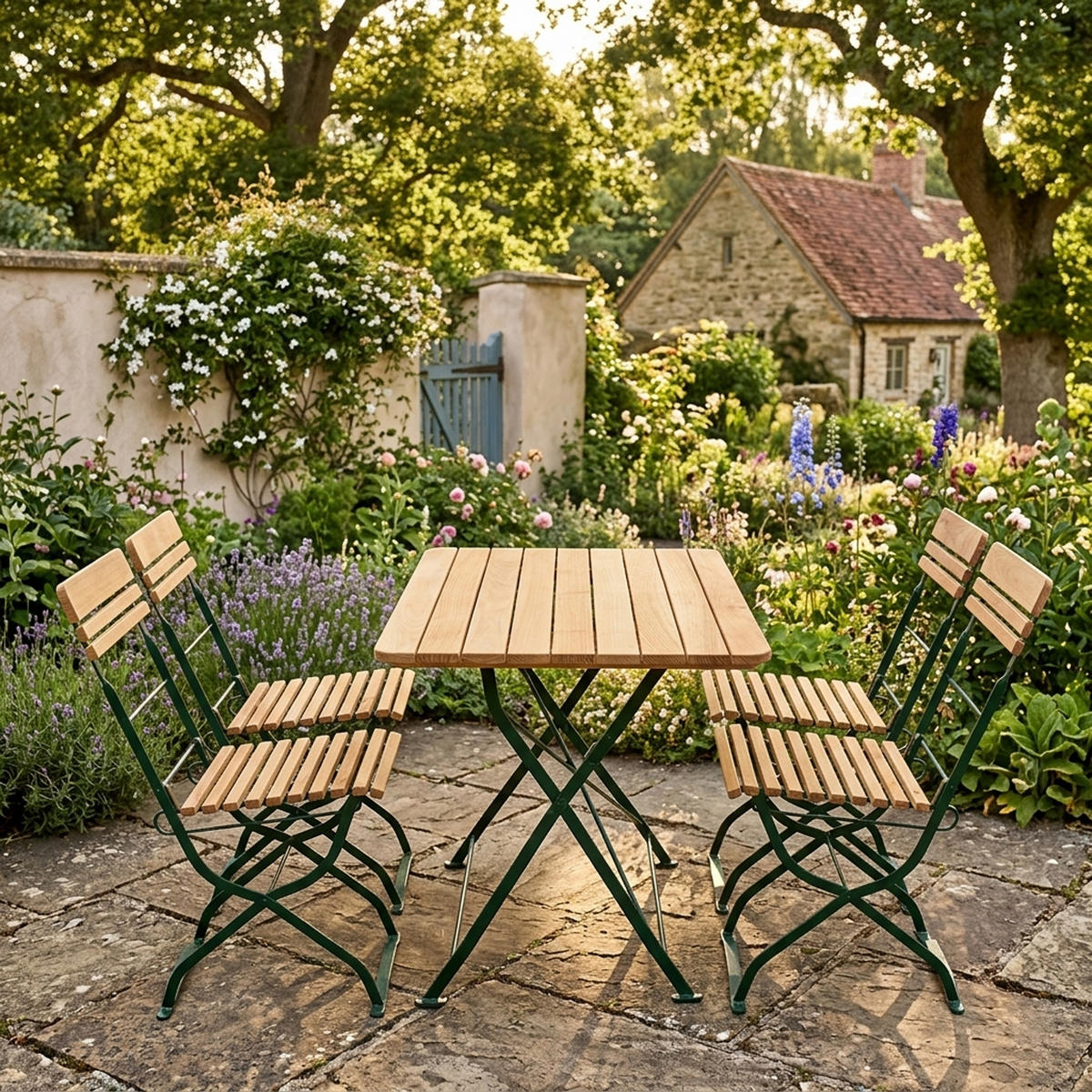 BIERGARTEN- GARTEN-GARNITUR Darwin 5-teilig, Flachstahl - Garten-Garnitur 5-teilig, Flachstahl Robinienholz -Gestell verzinkt grün - Grün, Holz - TPFGarden