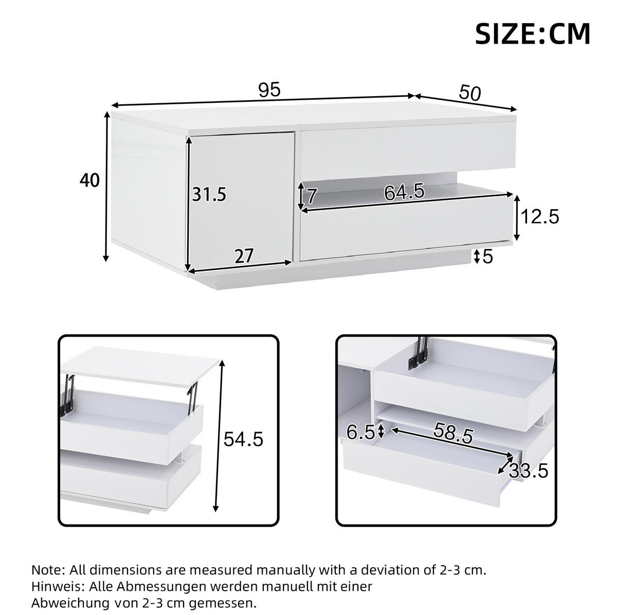 KONFERENČNÍ stolek 95/50/34,5 cm bílý z dřevotřísky s LED a výklopnou deskou - bílá, kompozitní dřevo (90/50/34.5cm) - OKWISH
