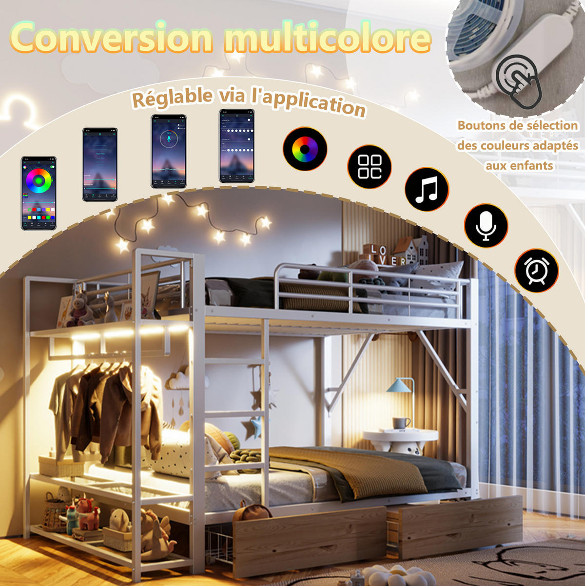 ETAGENBETT 140/200 cm aus Metall mit LED-Lichtleiste, Weiß - Weiß, Metall (140/200cm) - OKMYHOME