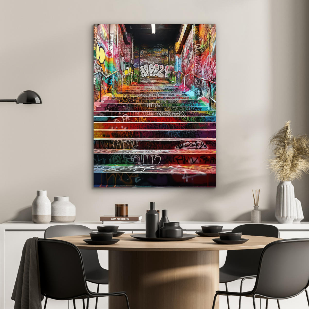 KOVOVÝ OBRAZ Schody - Graffiti - Farby - Umenie 60x80 cm - viacfarebná, kov (60/80cm) - MuchoWow