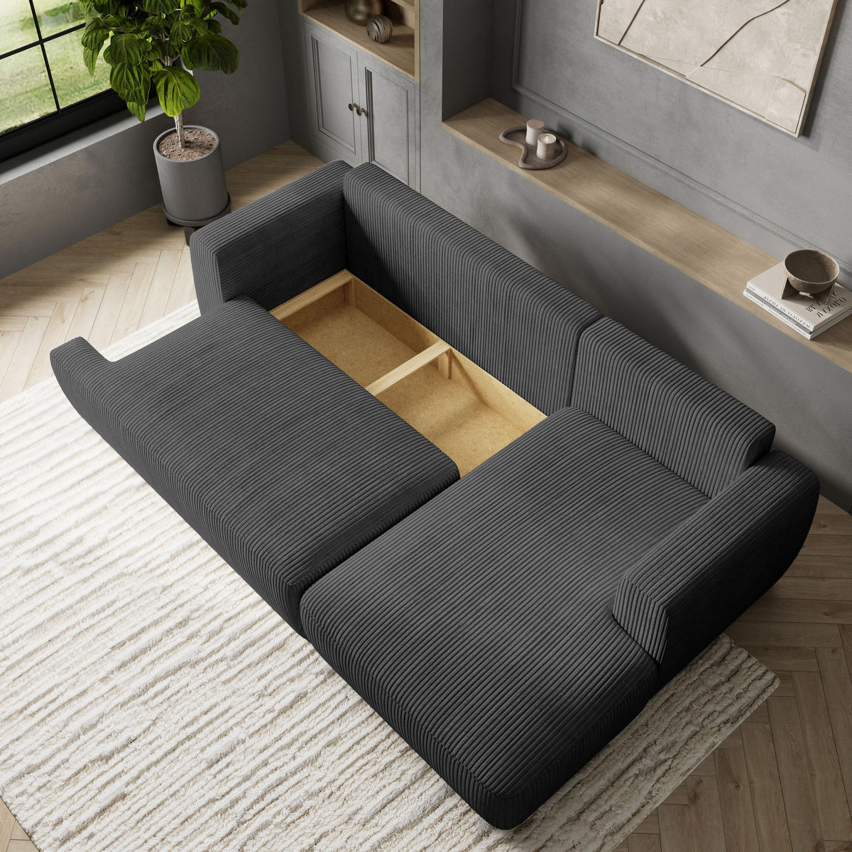 ECKSOFA SENTI P R-S Graphitfarben Kordstoff mit Schlaffunktion - Graphitfarben, Holz (246/148cm) - MASSENO