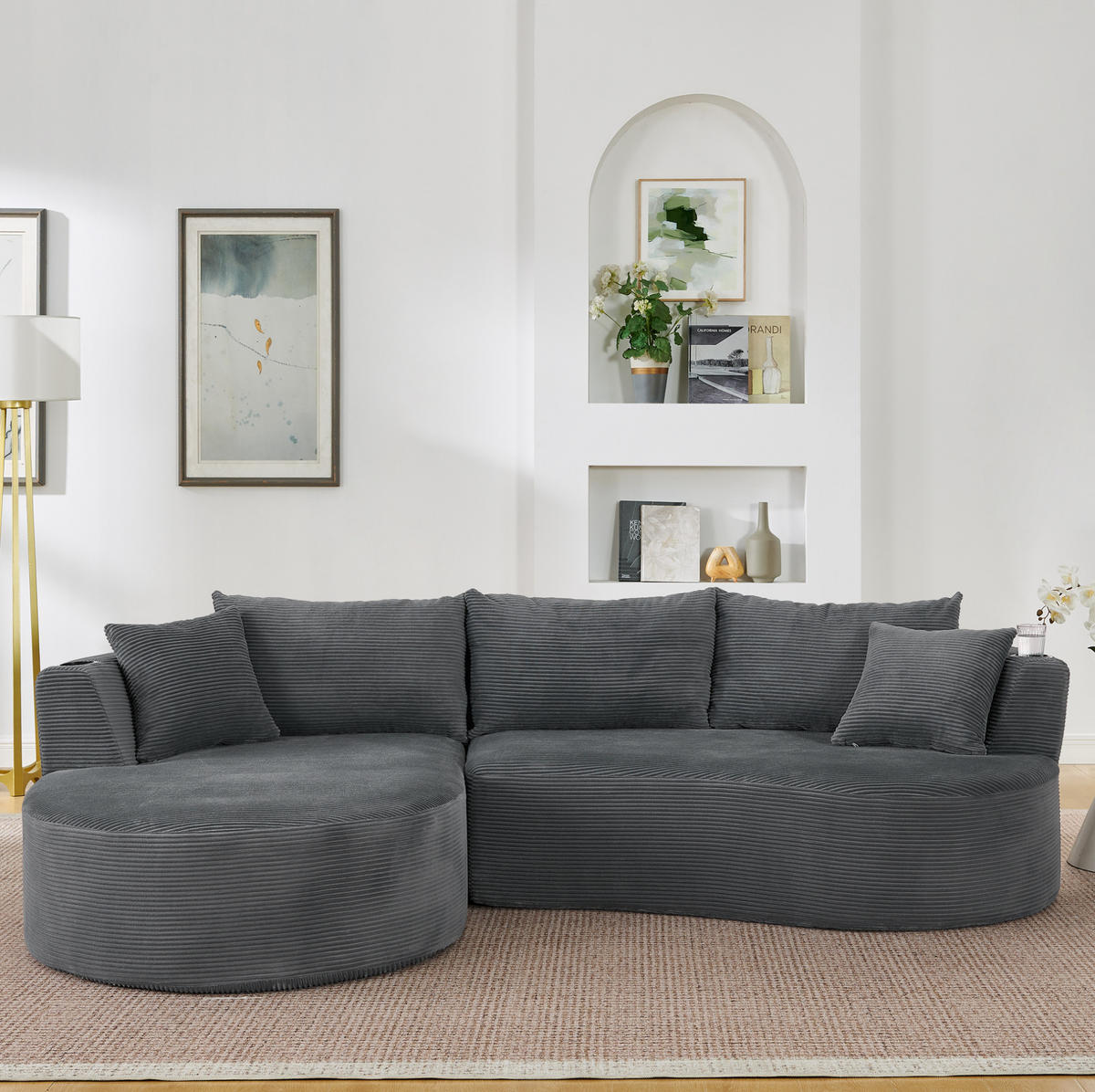 SOFA 3-Sitzer bogenförmig Kordstoff Grau mit Getränkehaltern - Grau, Textil (168/264cm) - Meubliv
