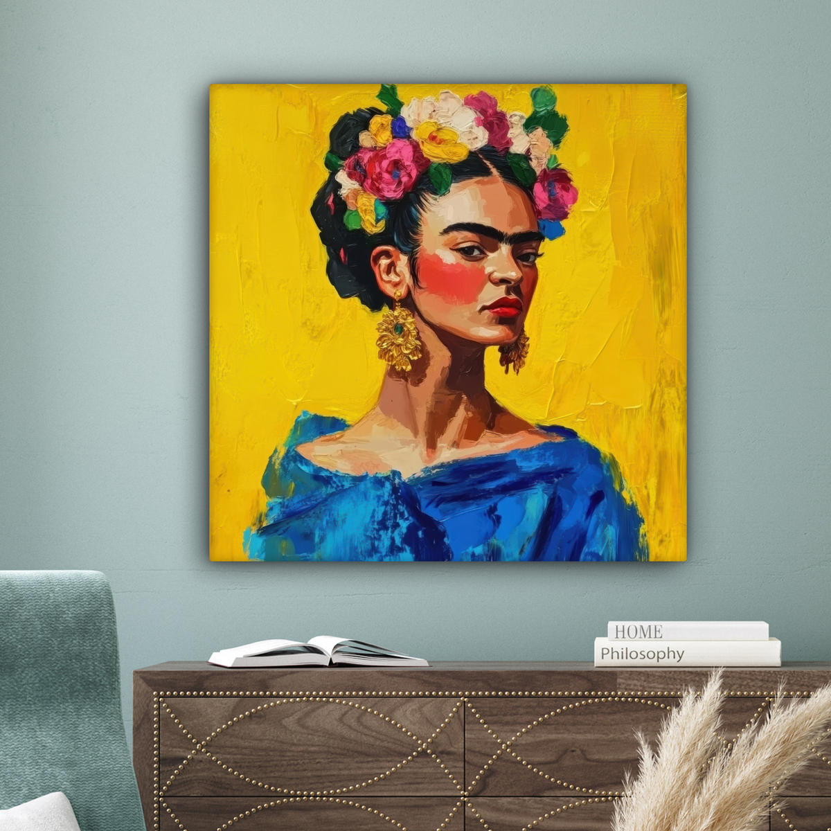 LEINWANDBILD Frida Kahlo - Frau - Gelb - Blau - Blumen 90x90 cm - Gelb, Textil (90/90cm) - MuchoWow
