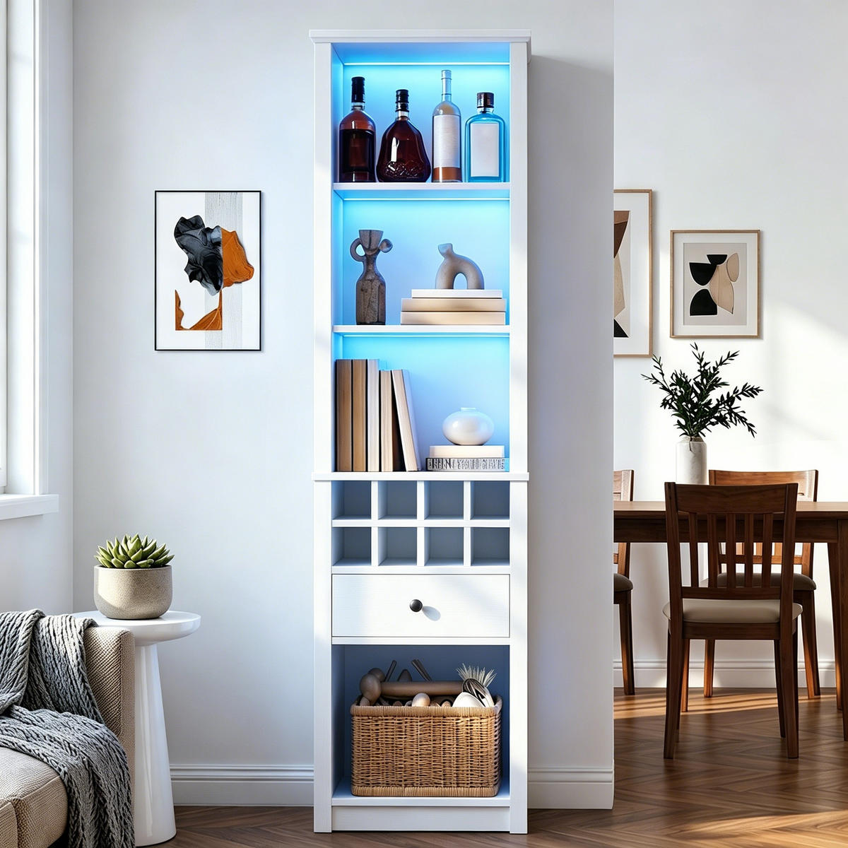VITRINE 55x40x200 cm Weiß mit LED und 12 Fächern - Weiß, Holzwerkstoff (55/200/40cm) - FLIEKS