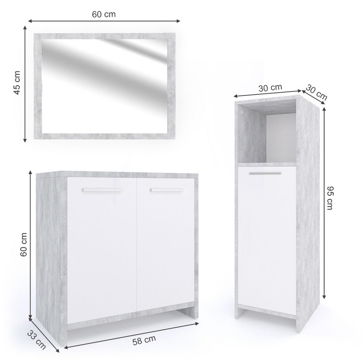 BADMÖBEL-SET Kiko Beton 3 Teile - Weiß/Grau, Holzwerkstoff (58/60/33cm) - Vicco