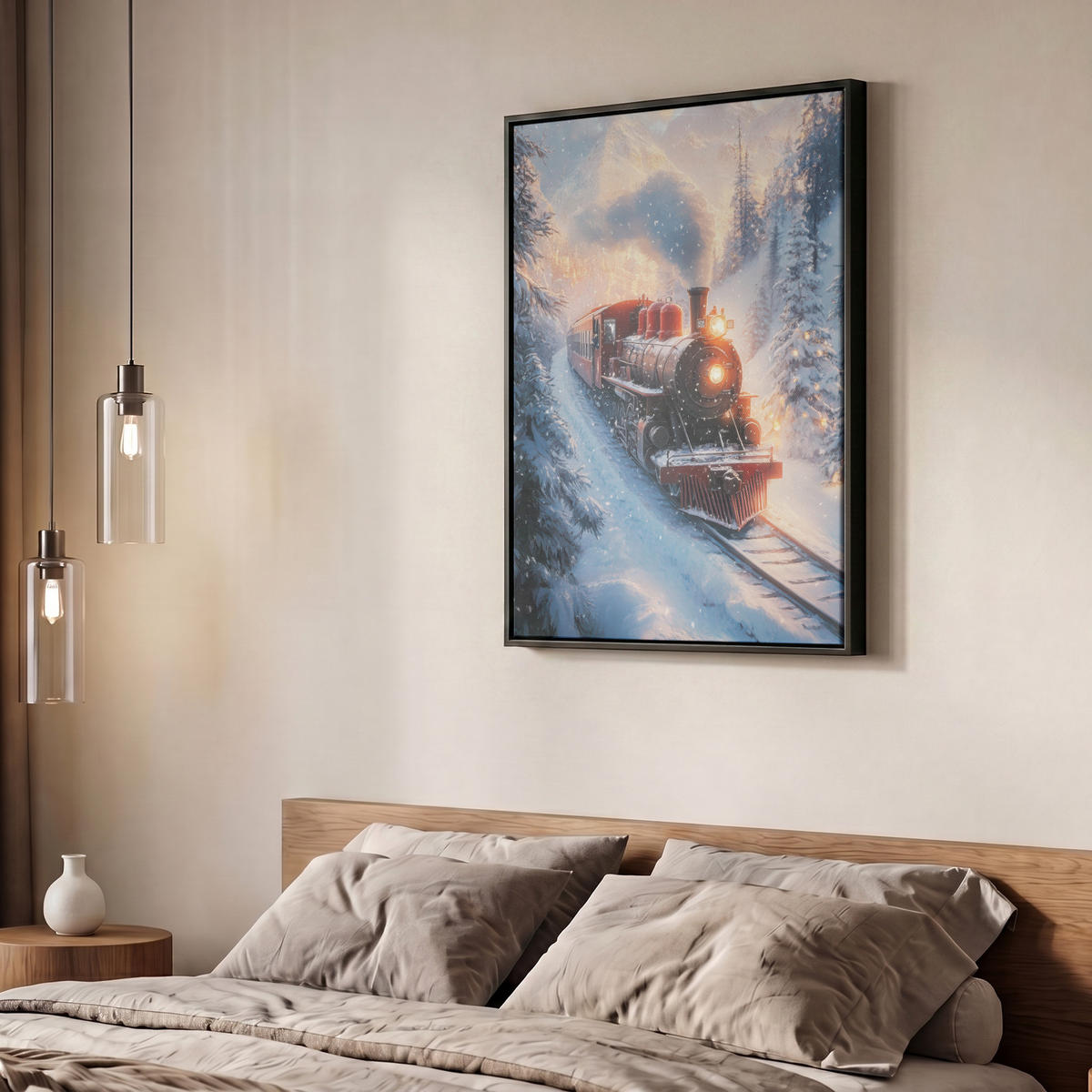 LEINWAND Bilder mit Rahmen - Weihnachtszug - Schnee - Winter - Weihnachten - 50x70 - Dunkelrot, Textil (50/70cm) - MuchoWow