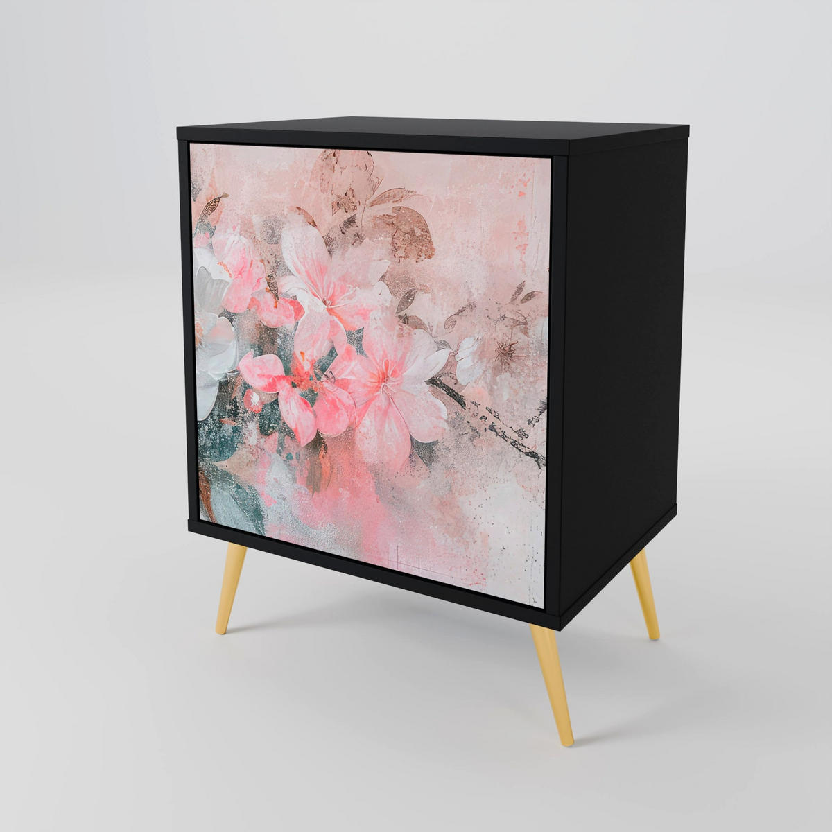 SIDEBOARD CHERRY BLOSSOM, Schwarz, 57,5x42x70,5 cm, Schwarze Metall-Sternfüße - Multicolor/Schwarz, Holzwerkstoff/Metall (57.5/70.5/42cm) - SpaceRebels