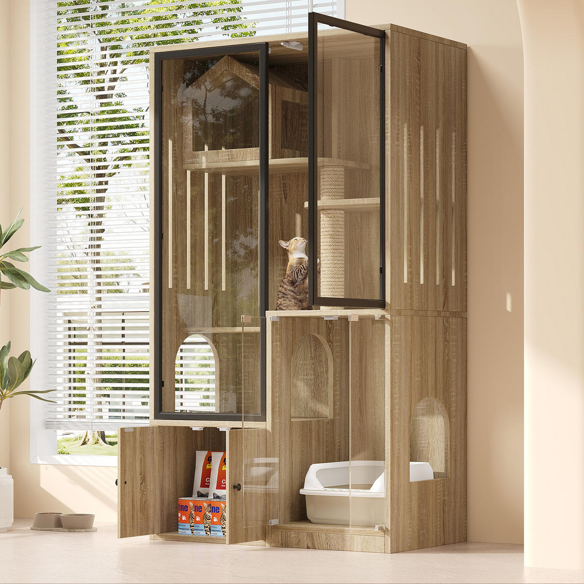 VITRINE Naturfarben aus MDF & Glas 90×50×160cm als Katzenvilla mit Panoramatür und Kratzpfosten - Naturfarben, Holzwerkstoff (50/160/90cm) - Luhomfu