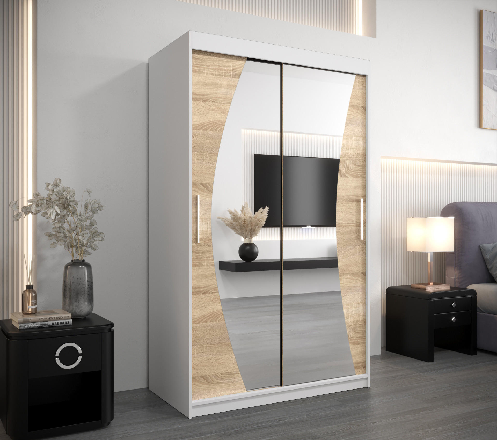 SCHWEBETÜRENSCHRANK 200/120/62 2-türig - Silberfarben/Weiß, Holz/Kunststoff (120/200/62cm) - Abiks Möbel