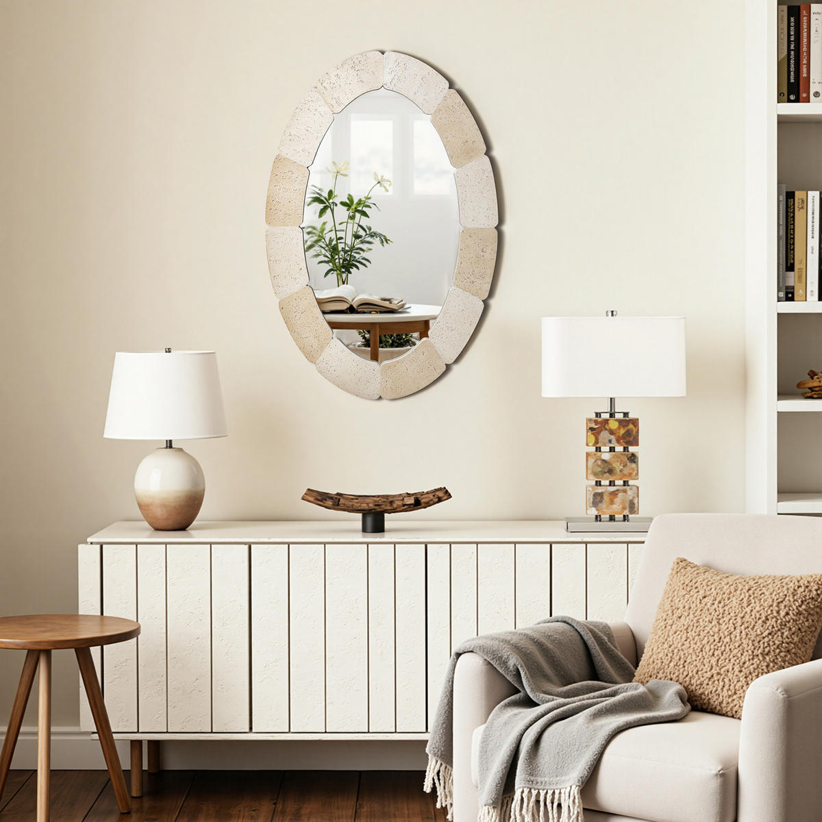 78CM H Ovaler Wandspiegel mit Polyharzrahmen Geeignet für Badezimmer, Wohnzimmer, Schlafzimmer usw. Moderner Boho-Stil - Beige/Akaziefarben, Glas/Kunststoff (78/3.5/52cm) - Hometopia